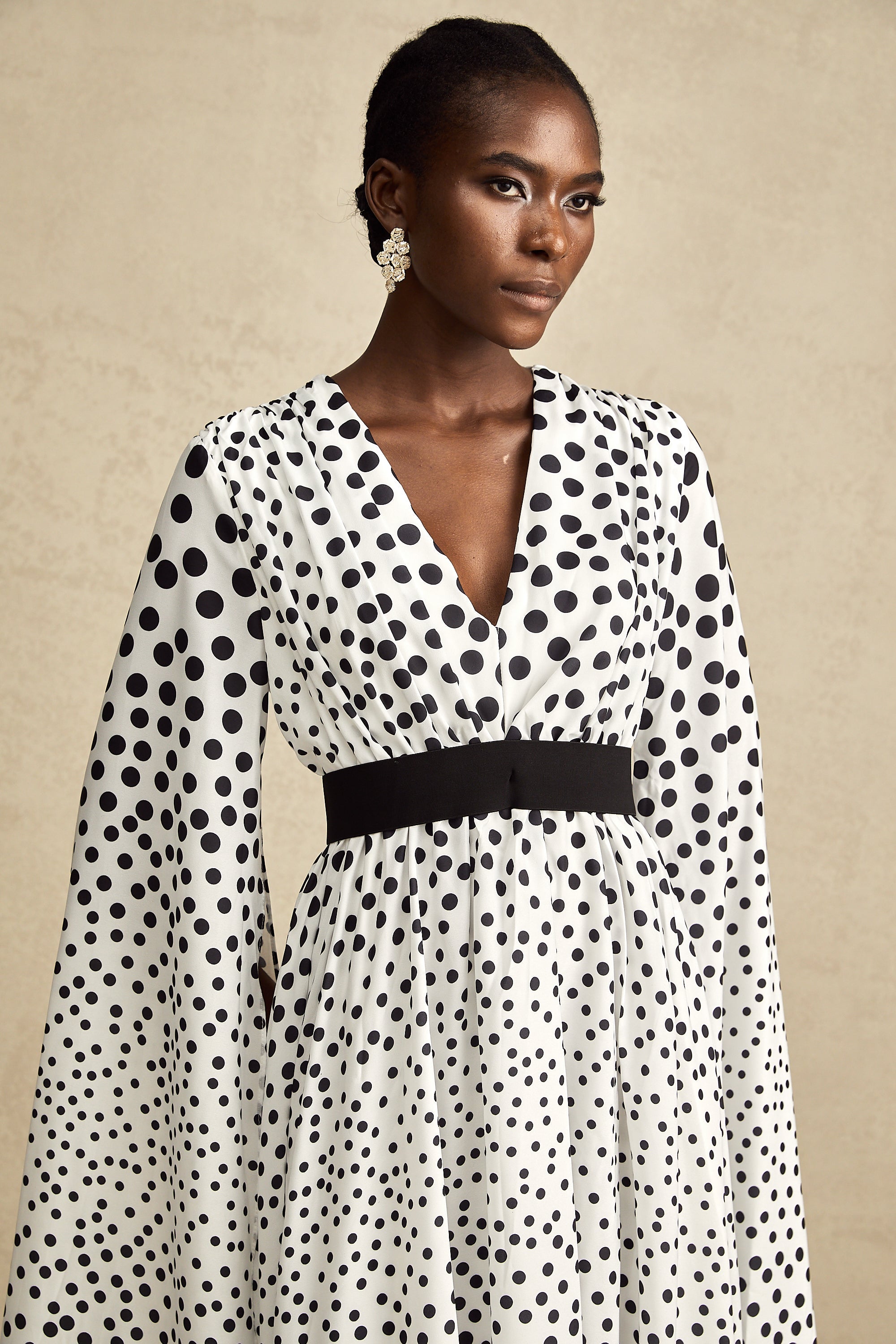 Brigitte white polka-dot slit-sleeve midi dress (US Only)