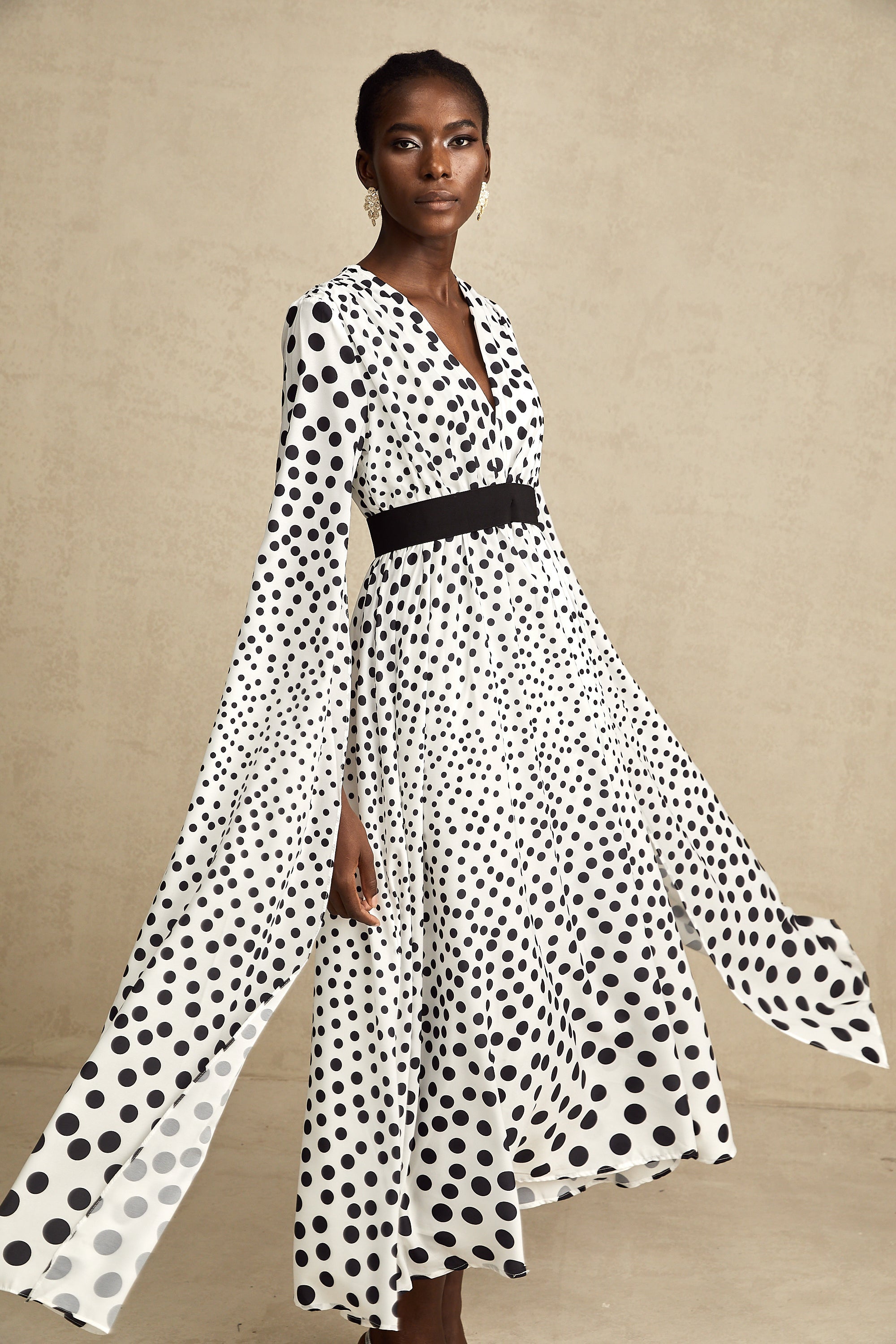 Brigitte white polka-dot slit-sleeve midi dress (US Only)