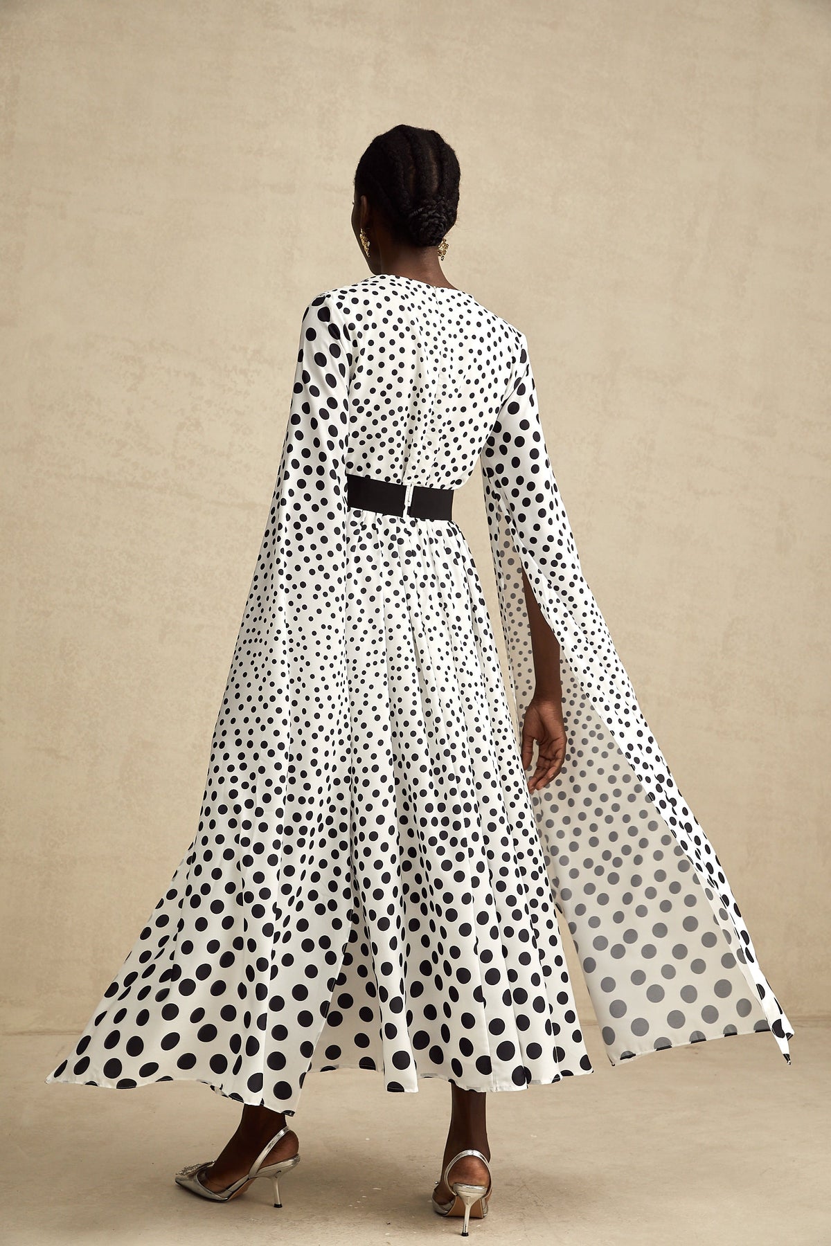 Brigitte white polka-dot slit-sleeve midi dress