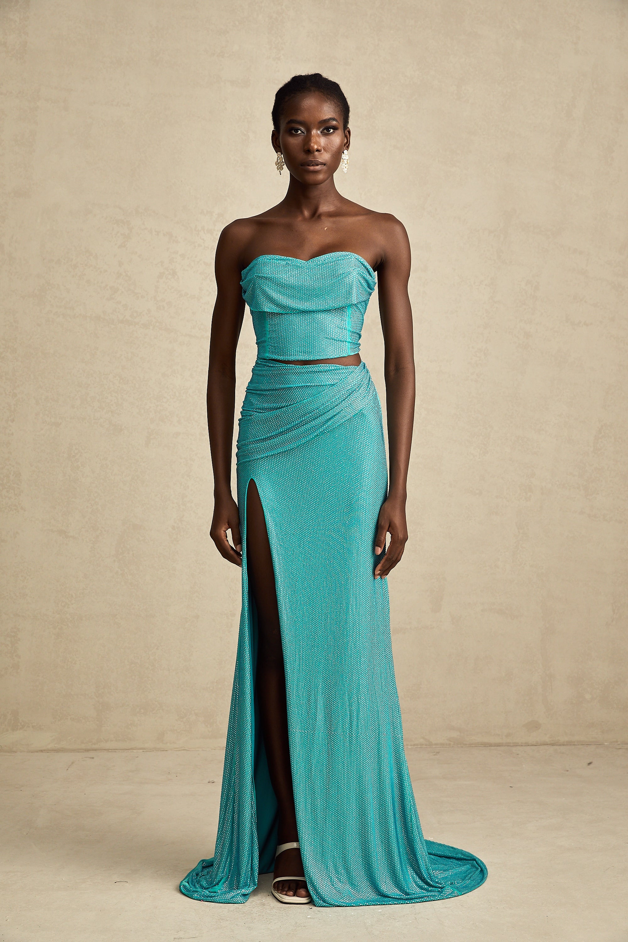Léa green rhinestone-studded pleated top & skirt matching set (US Only)