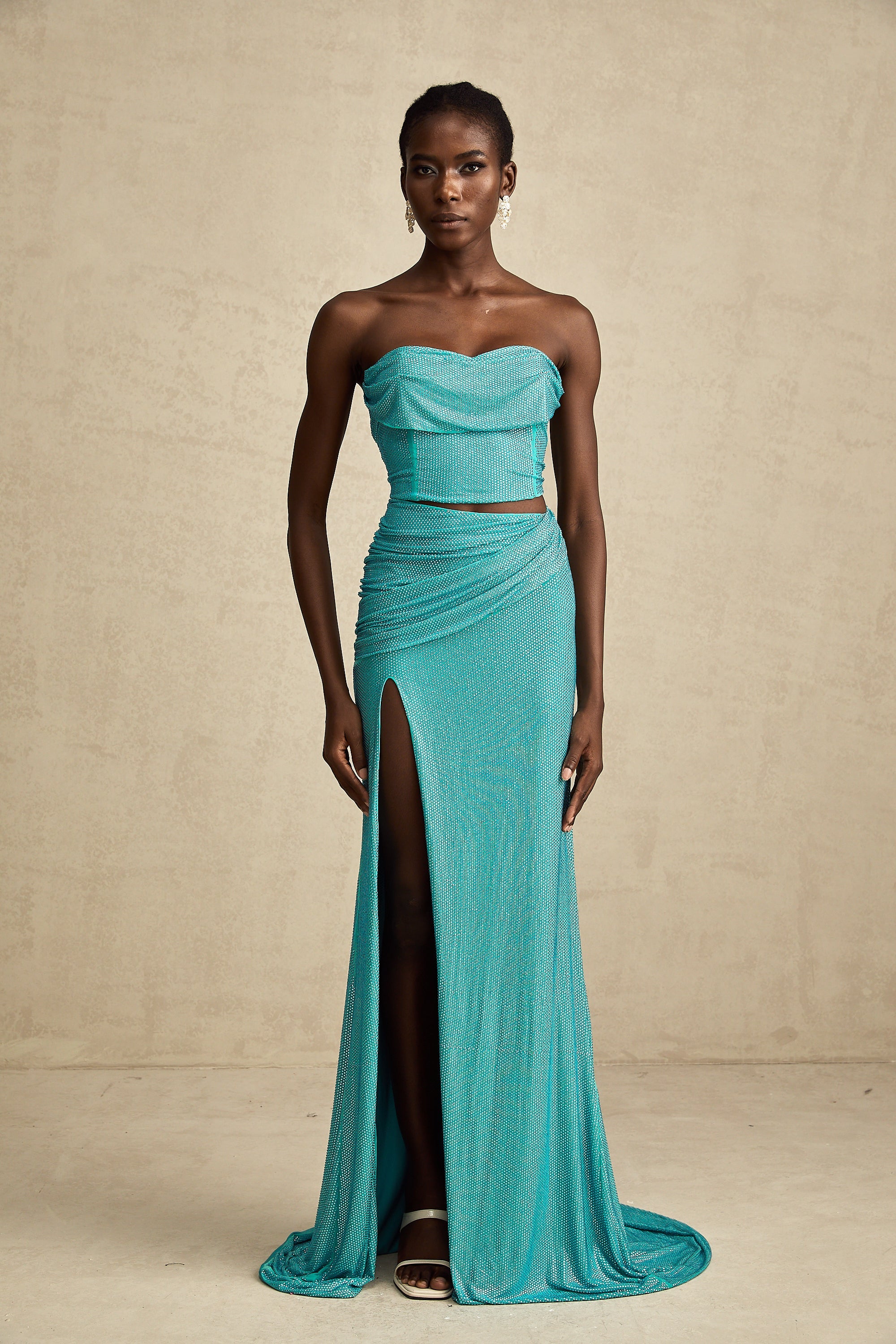 Léa green rhinestone-studded pleated top & skirt matching set (US Only)