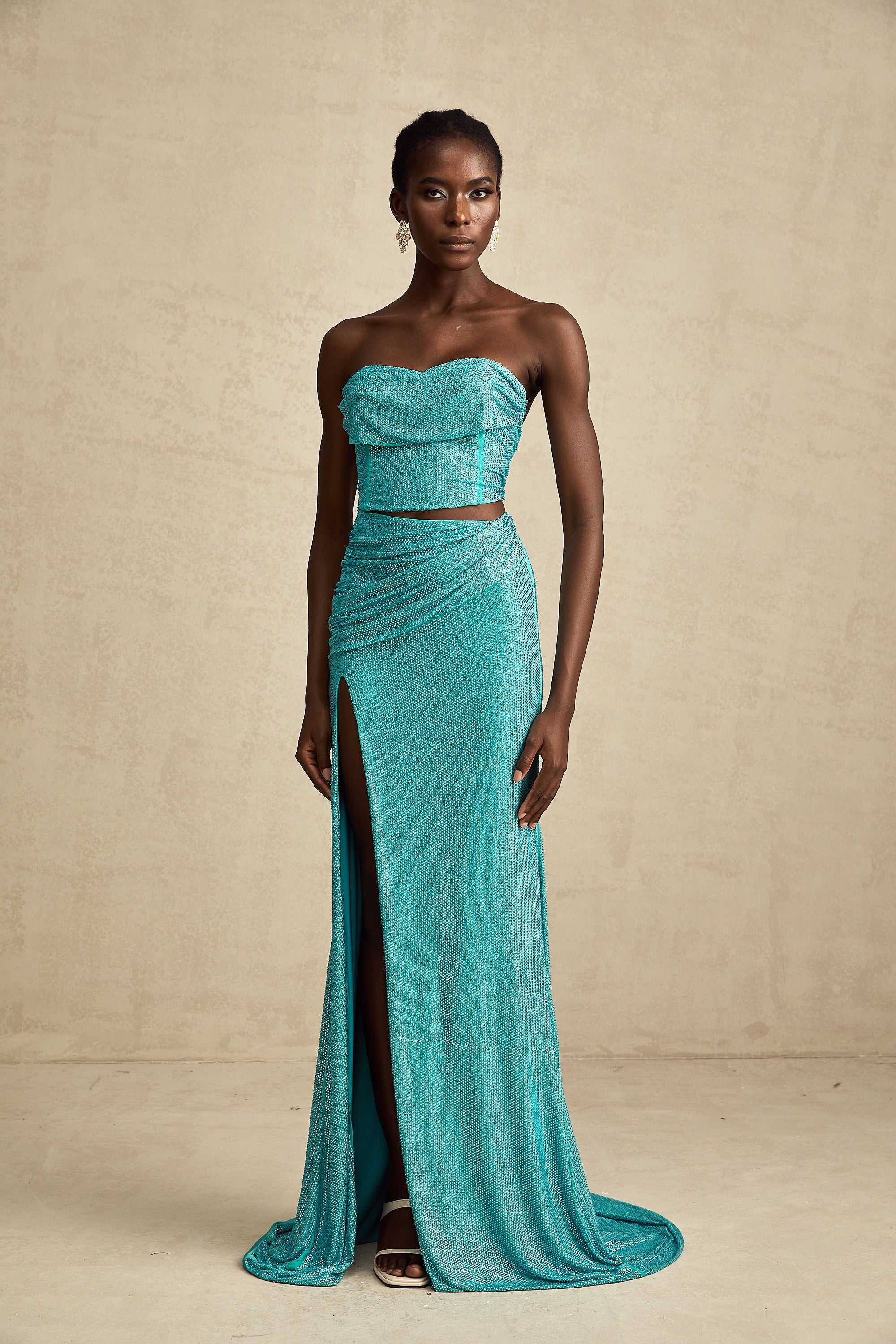 Léa green rhinestone-studded pleated top & skirt matching set (US Only)