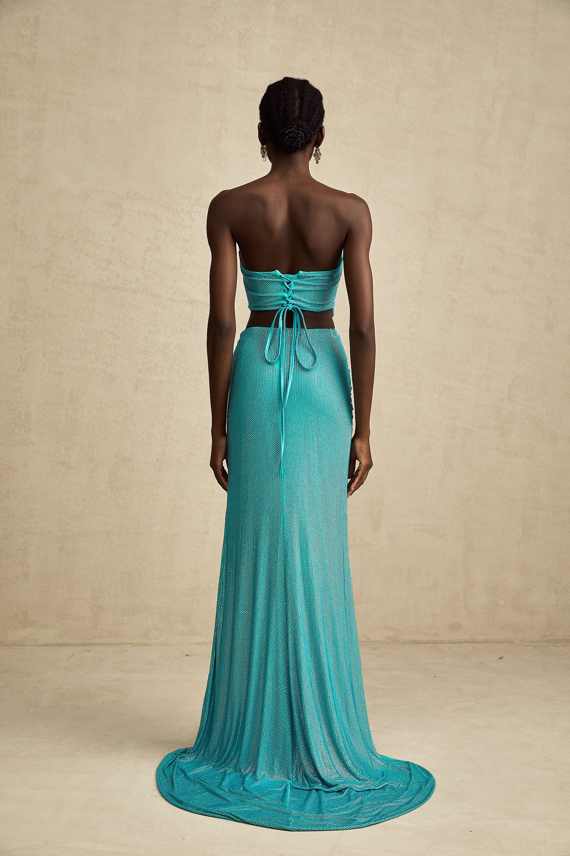 Léa green rhinestone-studded pleated top & skirt matching set (US Only)