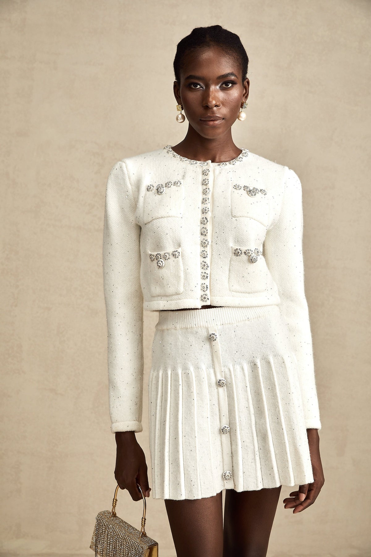 Fabienne white embellished jacket & skirt matching set