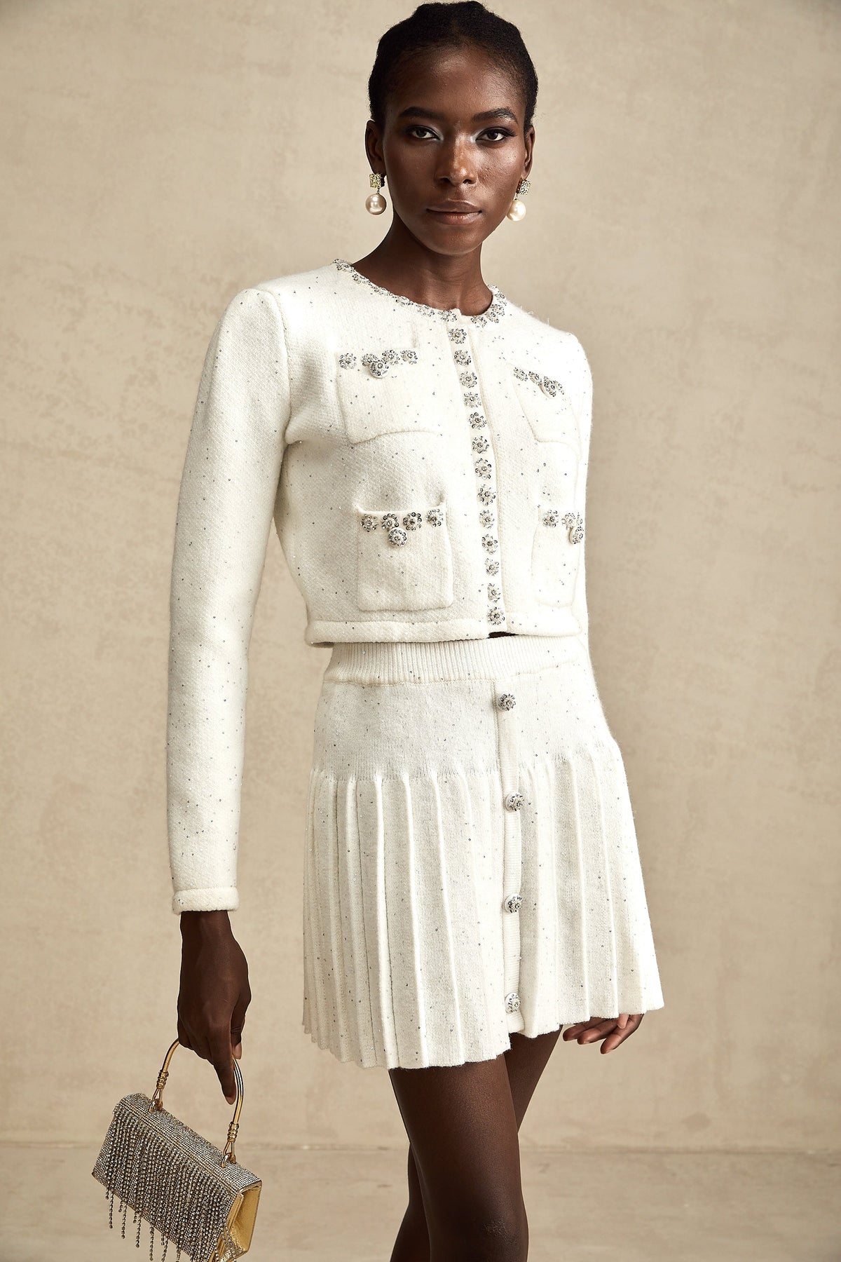Fabienne white embellished jacket & skirt matching set