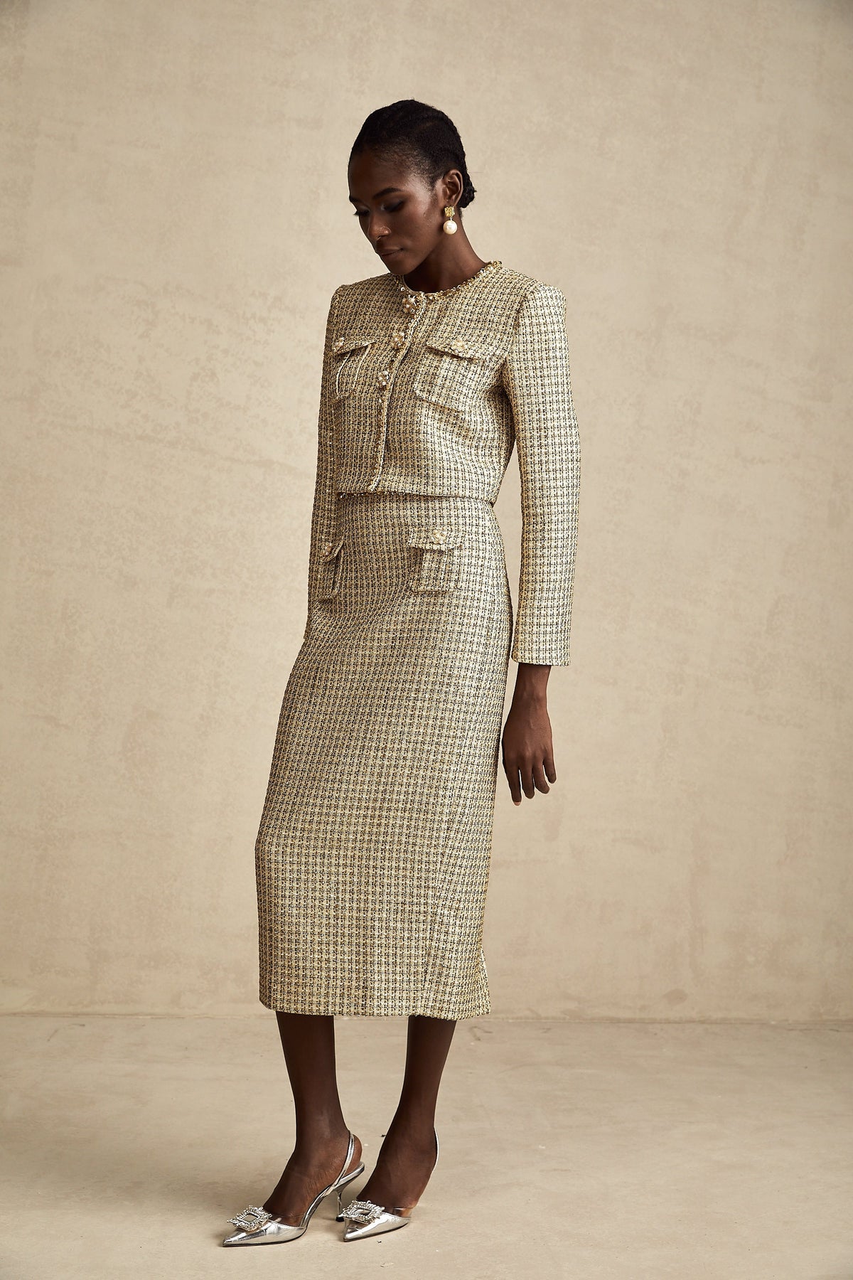 Aëlle gold tweed sequin jacket & skirt matching set
