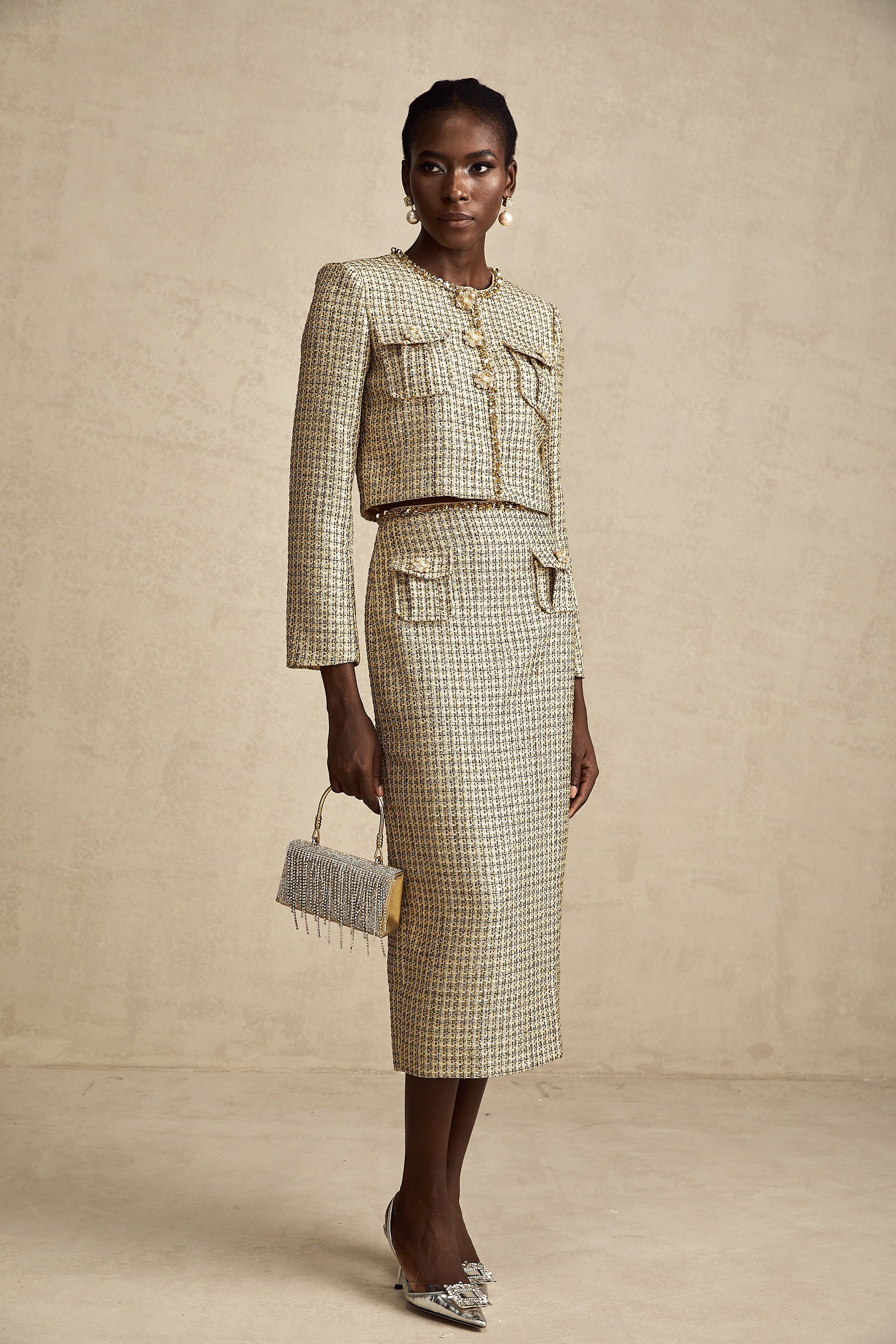 Aëlle gold tweed sequin jacket & skirt matching set