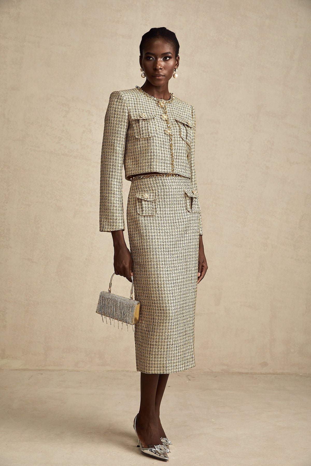 Aëlle gold tweed sequin jacket & skirt matching set