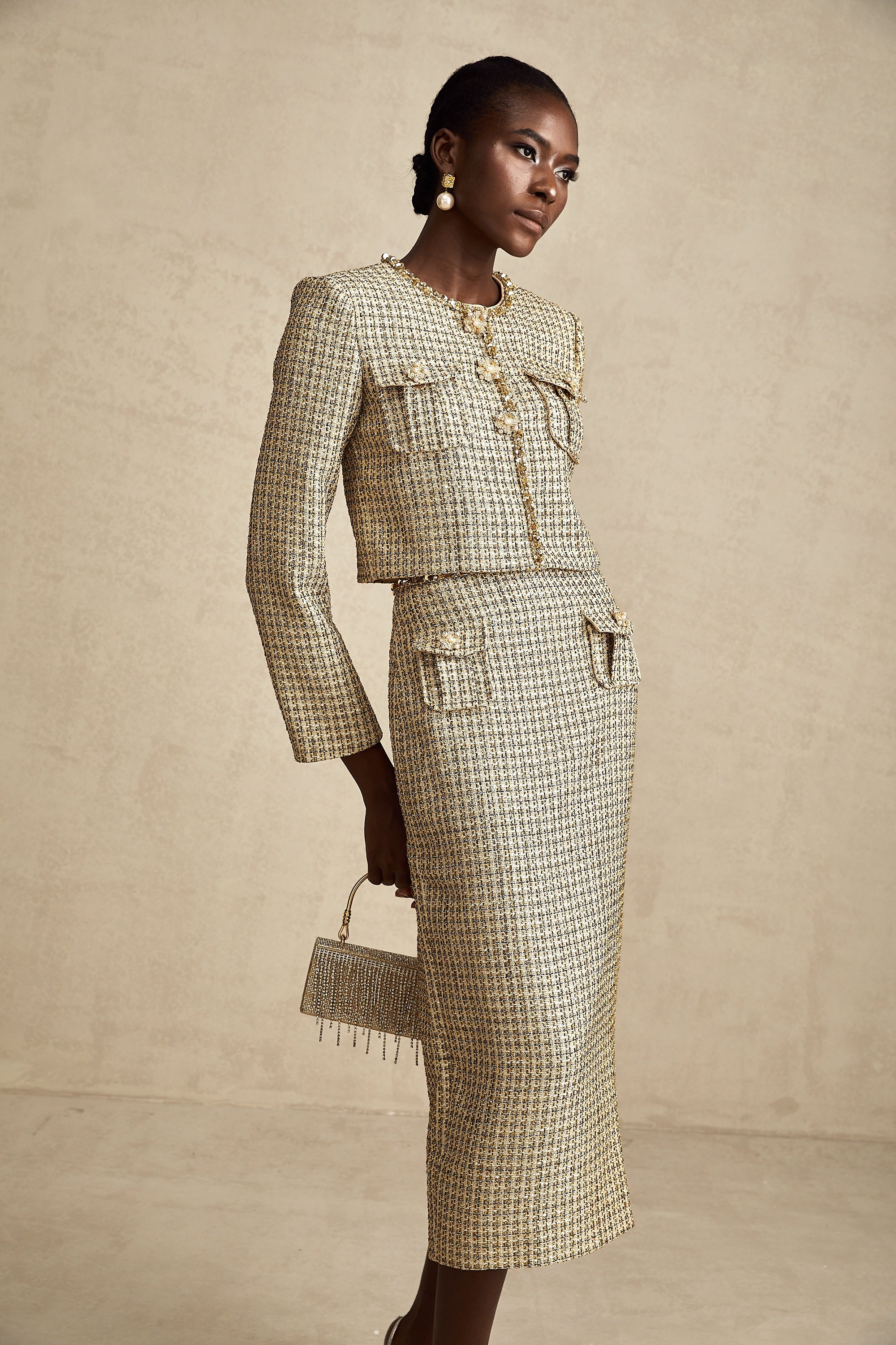 Aëlle gold tweed sequin jacket & skirt matching set