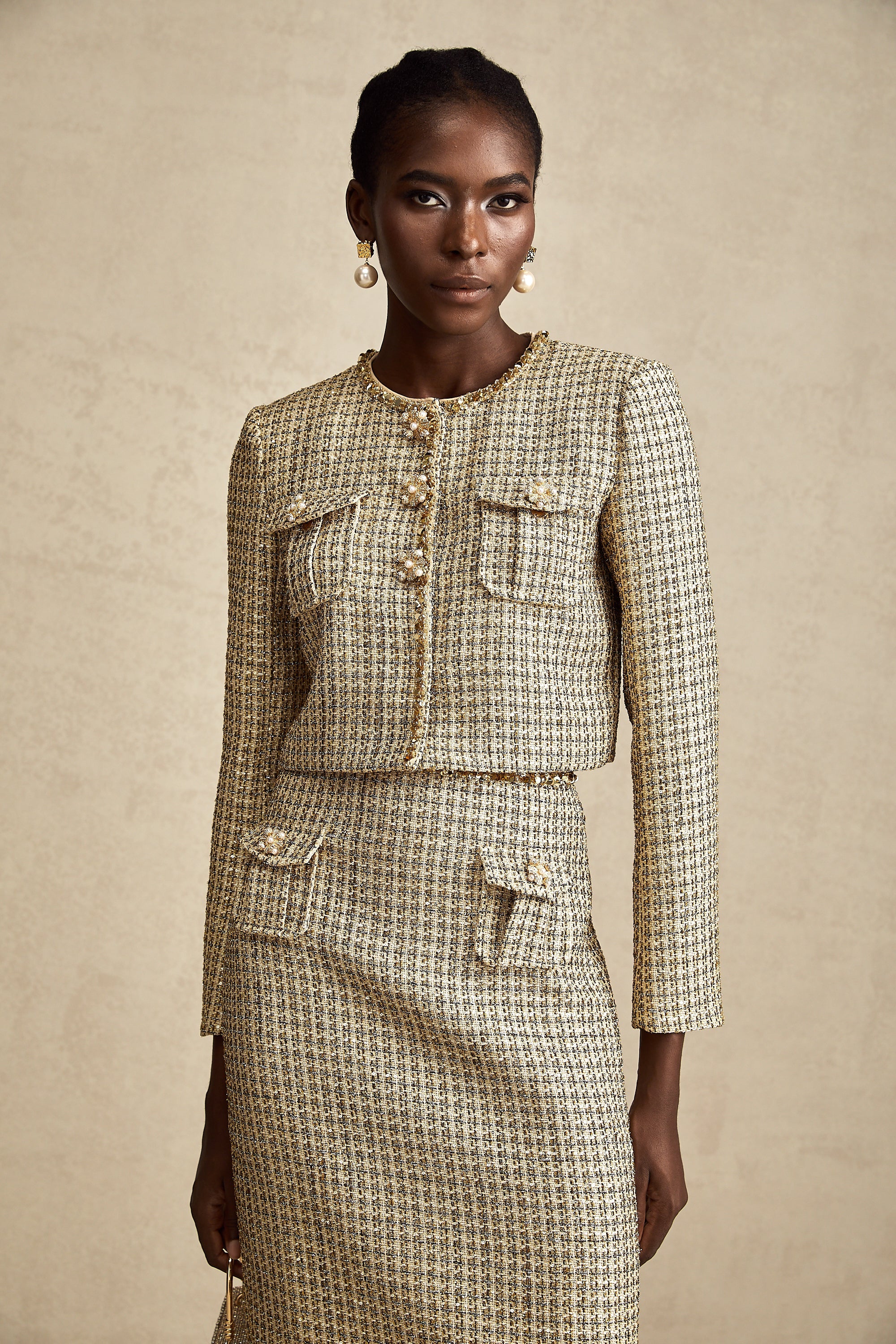 Aëlle gold tweed sequin jacket & skirt matching set