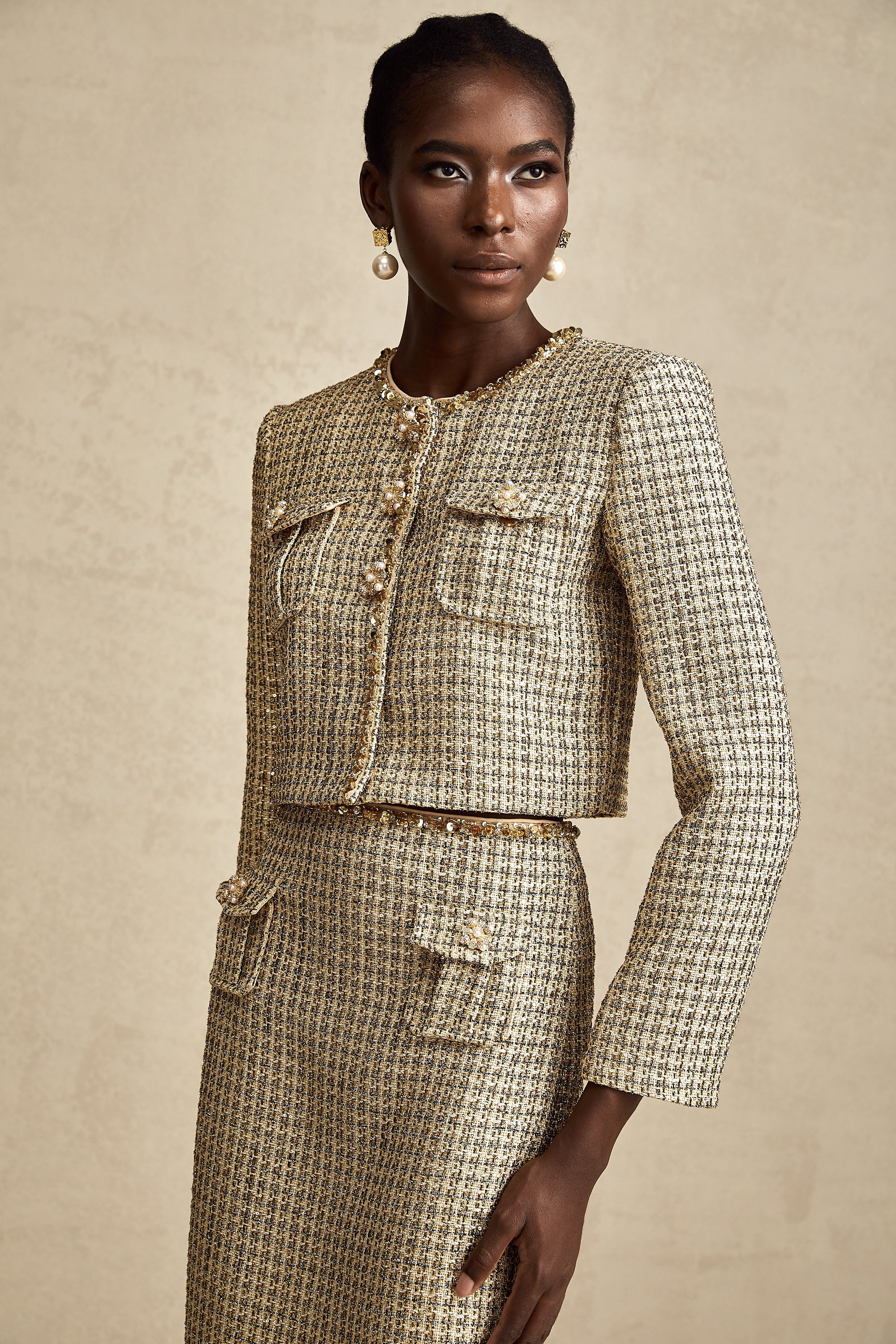 Aëlle gold tweed sequin jacket & skirt matching set