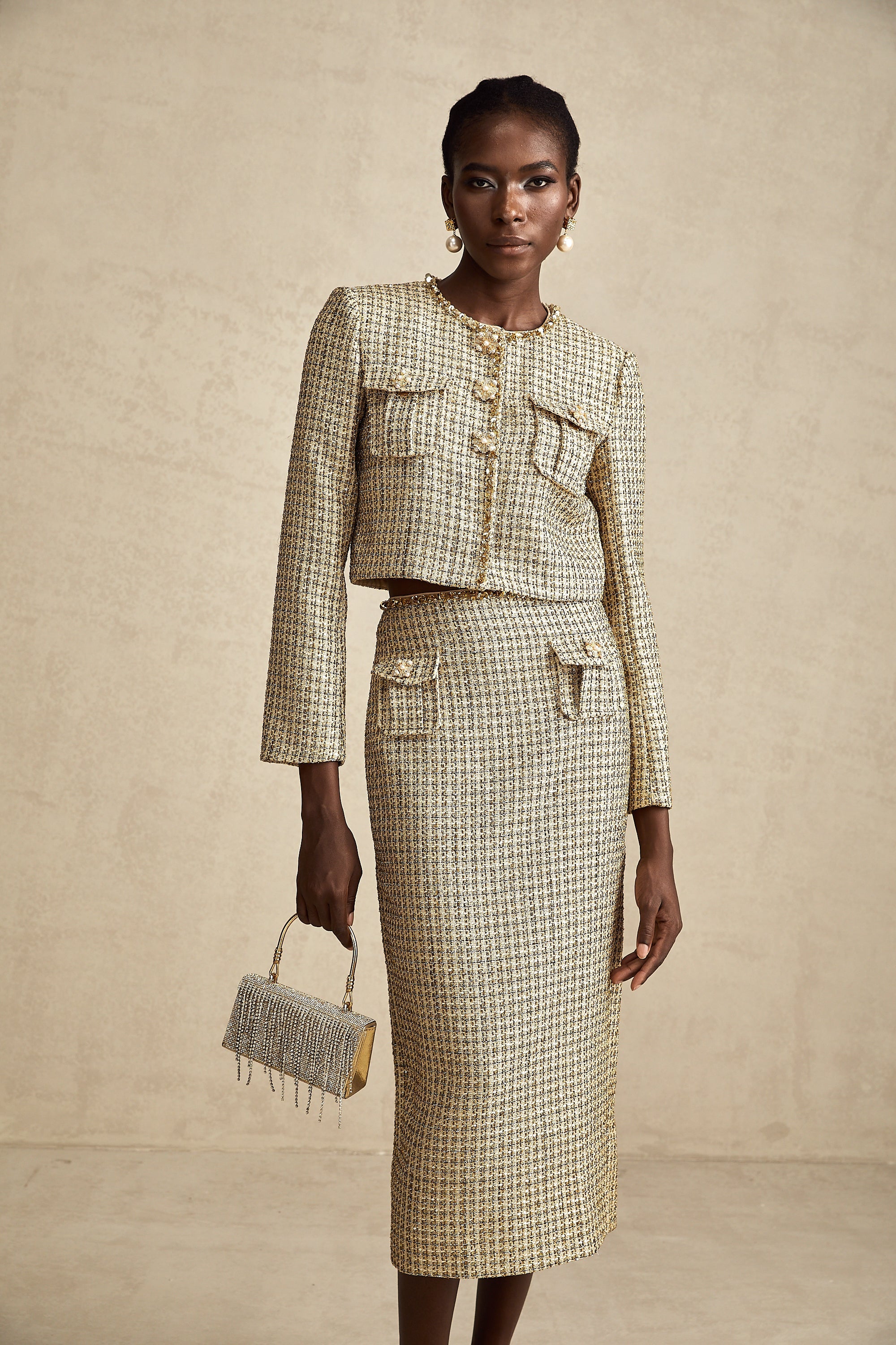 Aëlle gold tweed sequin jacket & skirt matching set