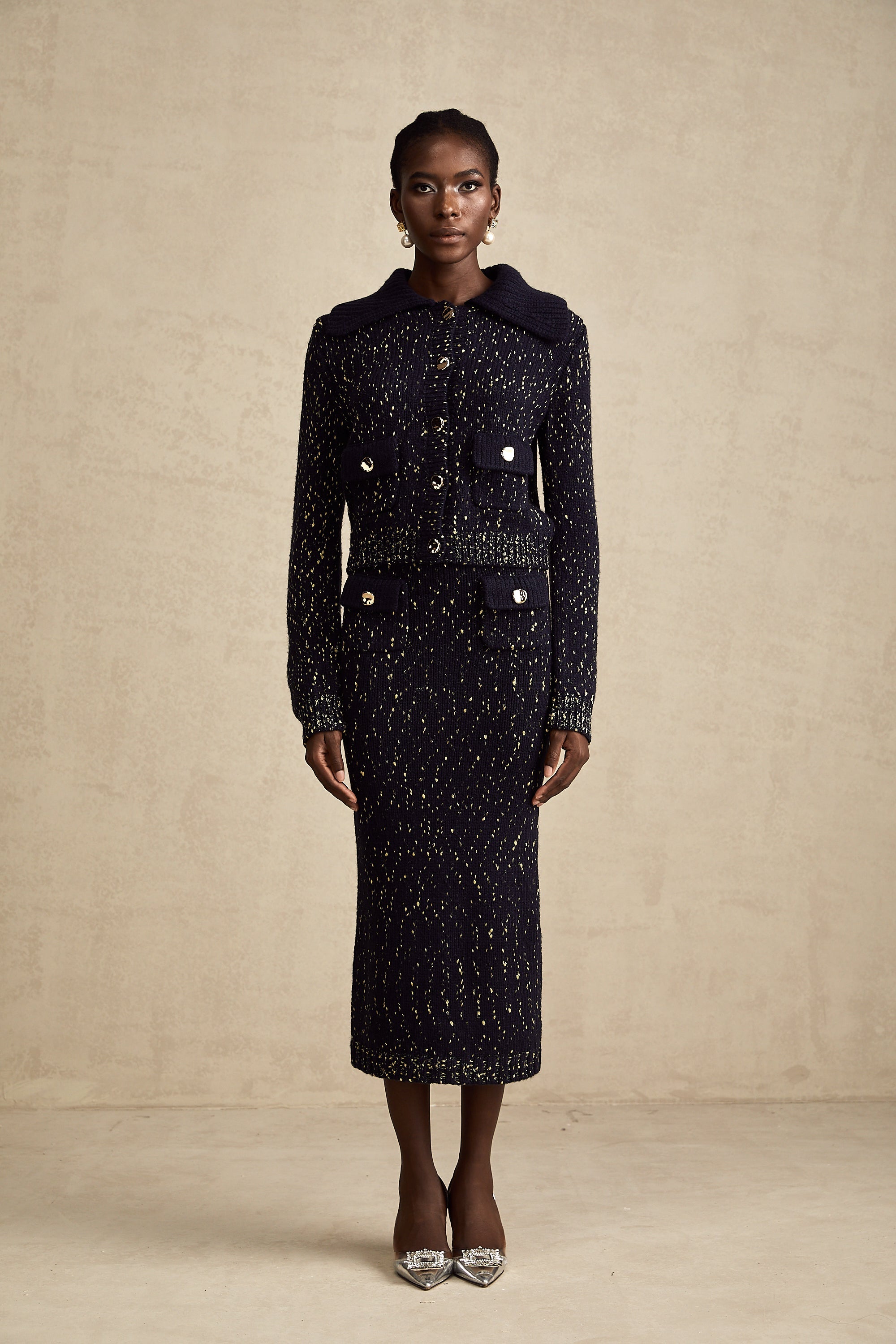 Claudine navy crochet-knit jacket & skirt matching set (US Only)