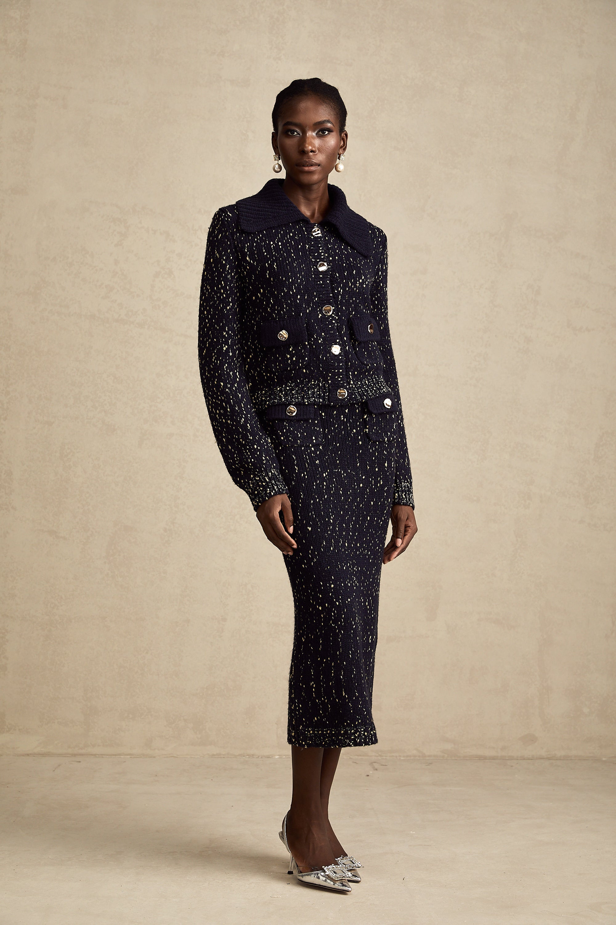 Claudine navy crochet-knit jacket & skirt matching set (US Only)