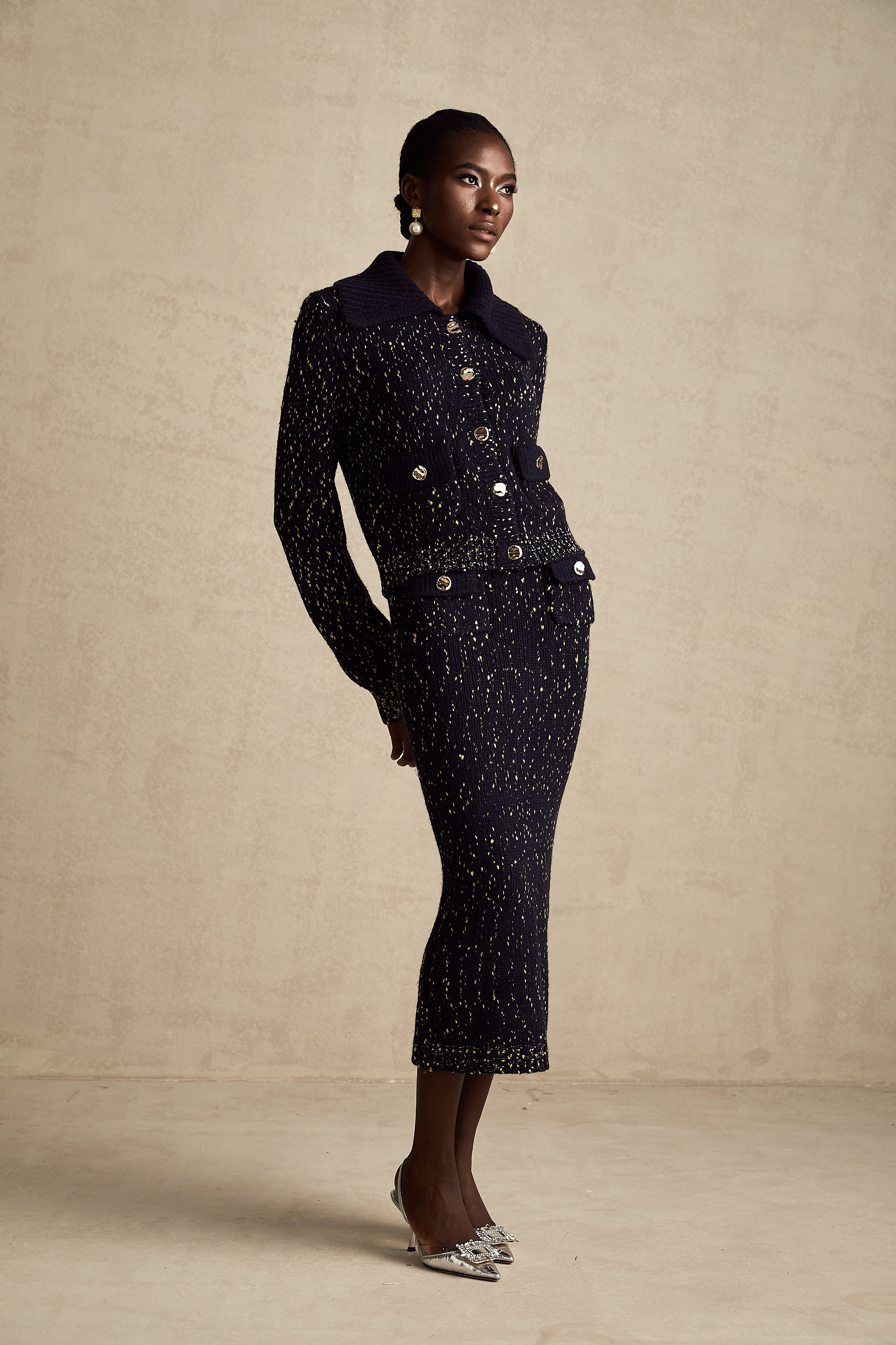 Claudine navy crochet-knit jacket & skirt matching set (US Only)