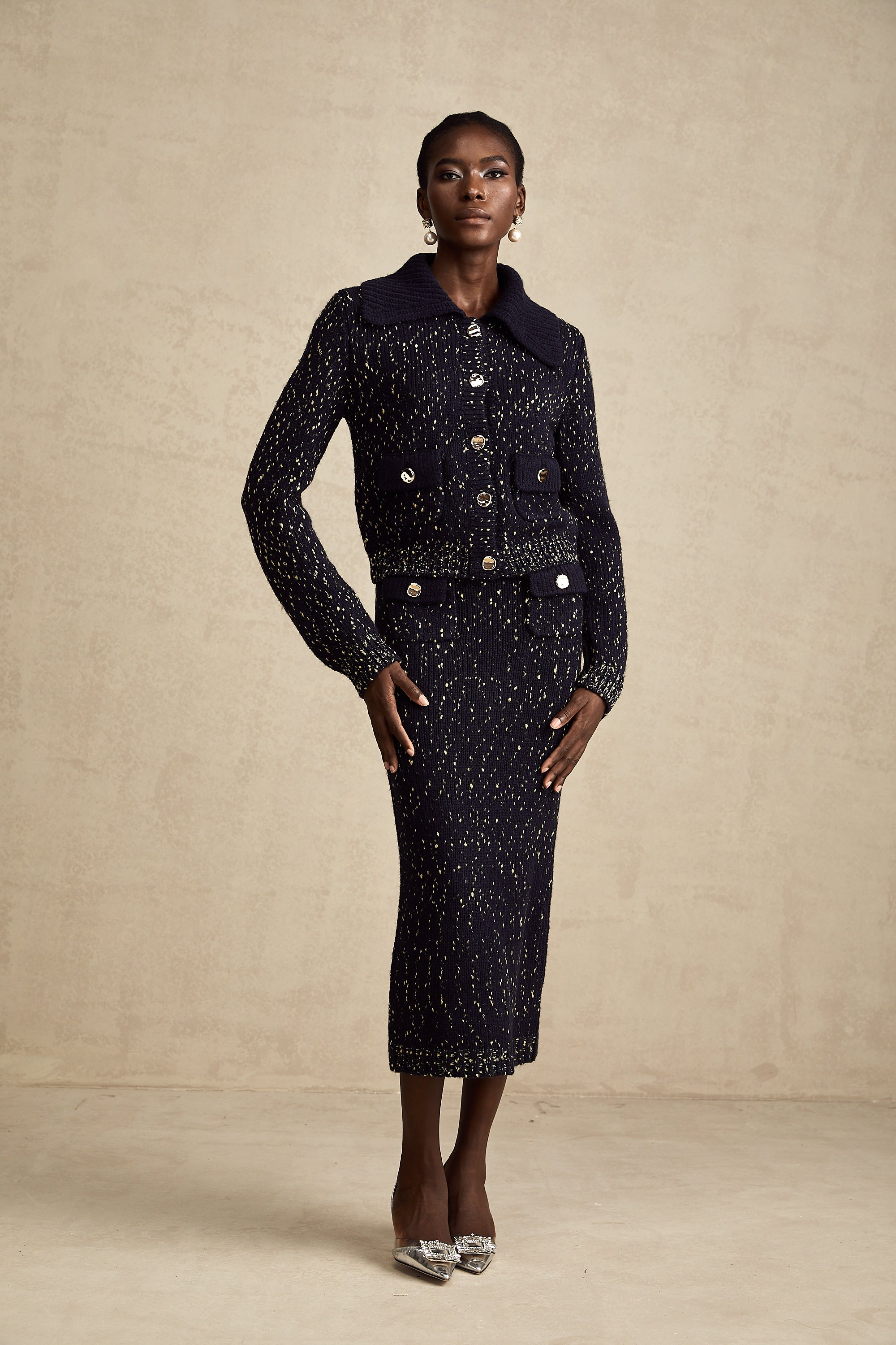 Claudine navy crochet-knit jacket & skirt matching set (US Only)