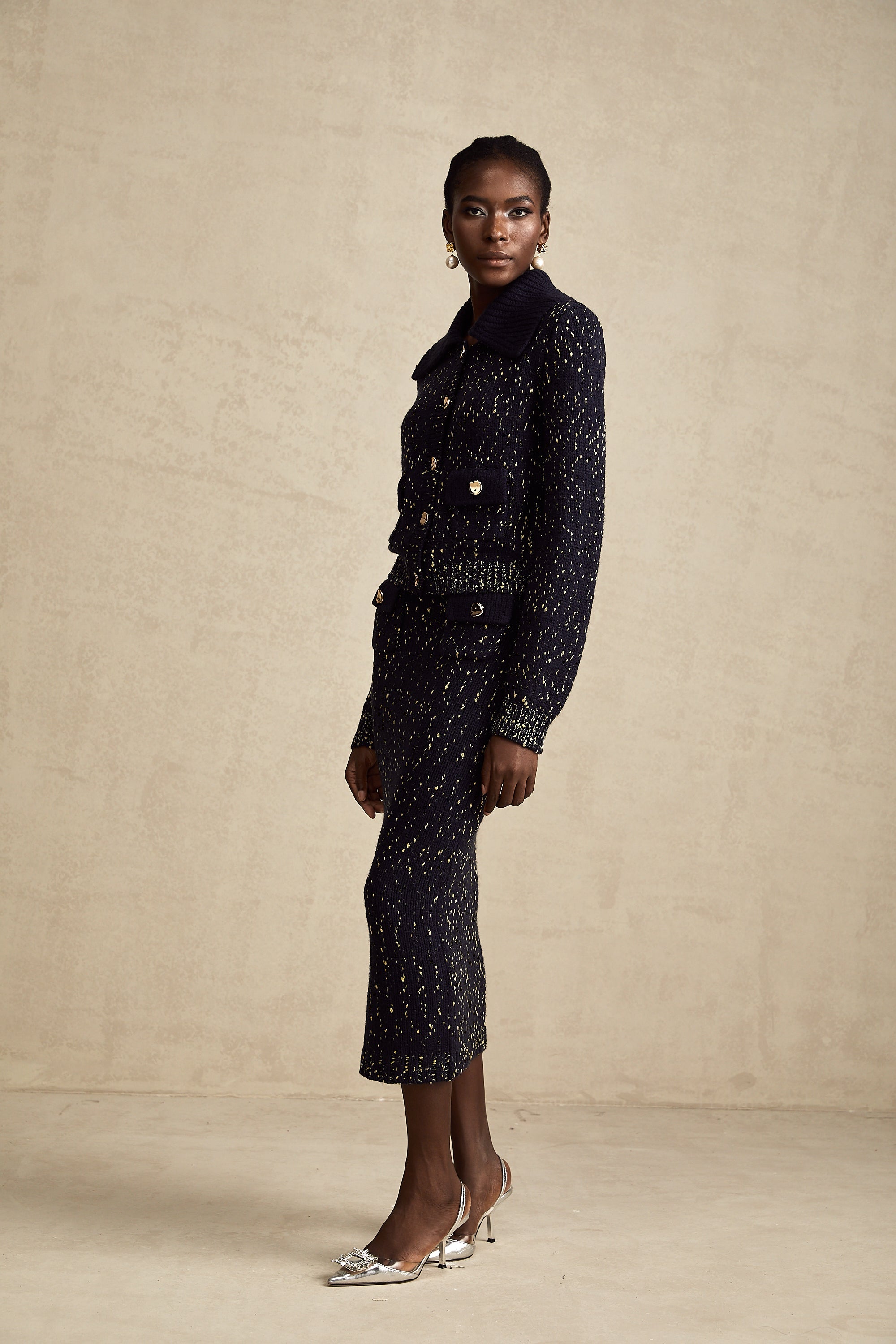 Claudine navy crochet-knit jacket & skirt matching set (US Only)