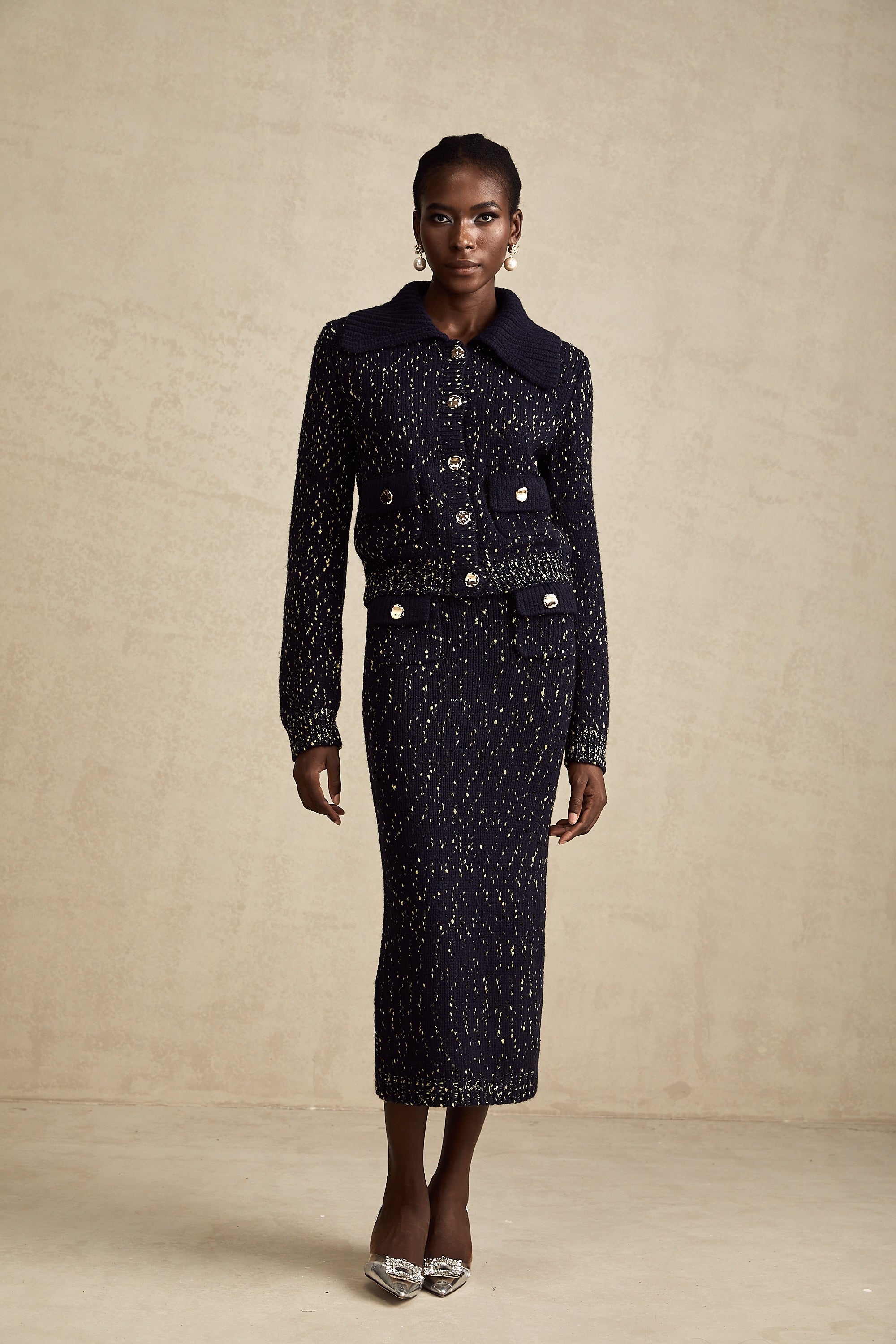 Claudine navy crochet-knit jacket & skirt matching set (US Only)