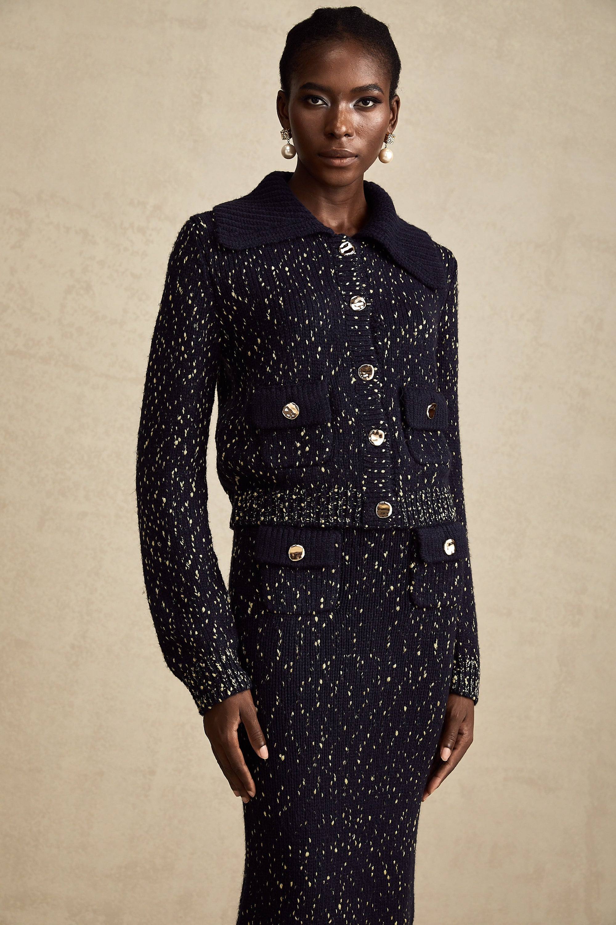 Claudine navy crochet-knit jacket & skirt matching set (US Only)