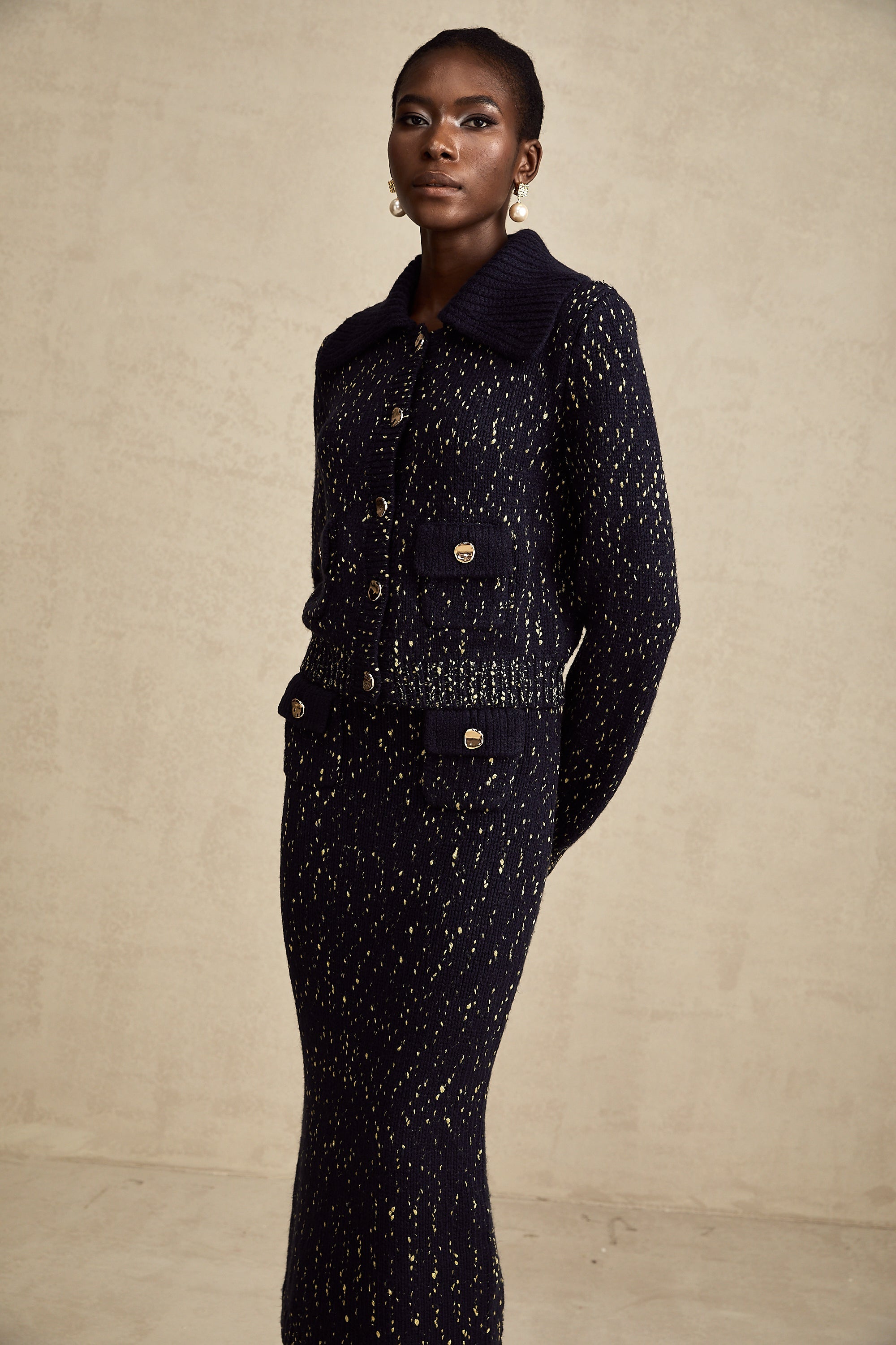 Claudine navy crochet-knit jacket & skirt matching set (US Only)