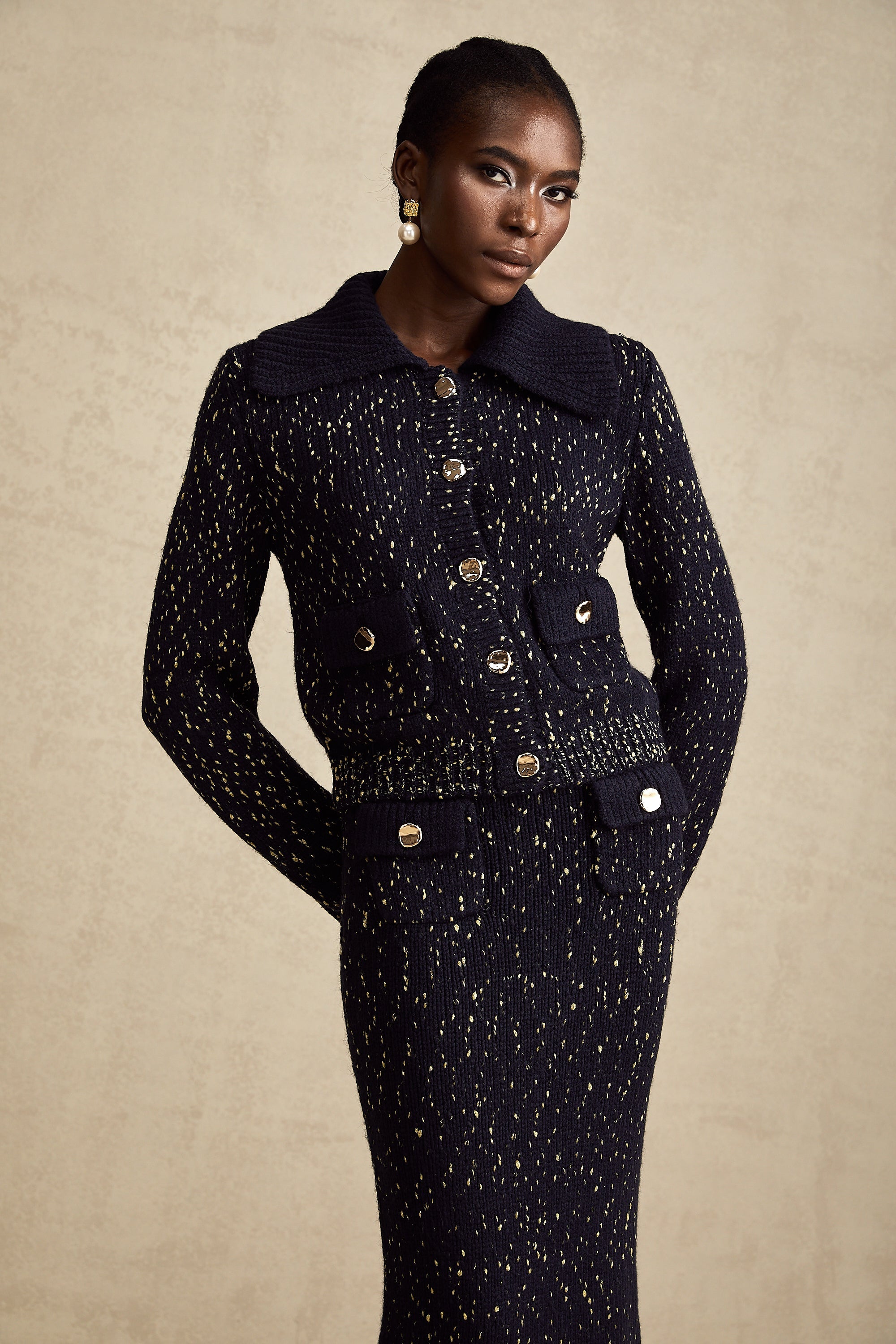 Claudine navy crochet-knit jacket & skirt matching set (US Only)