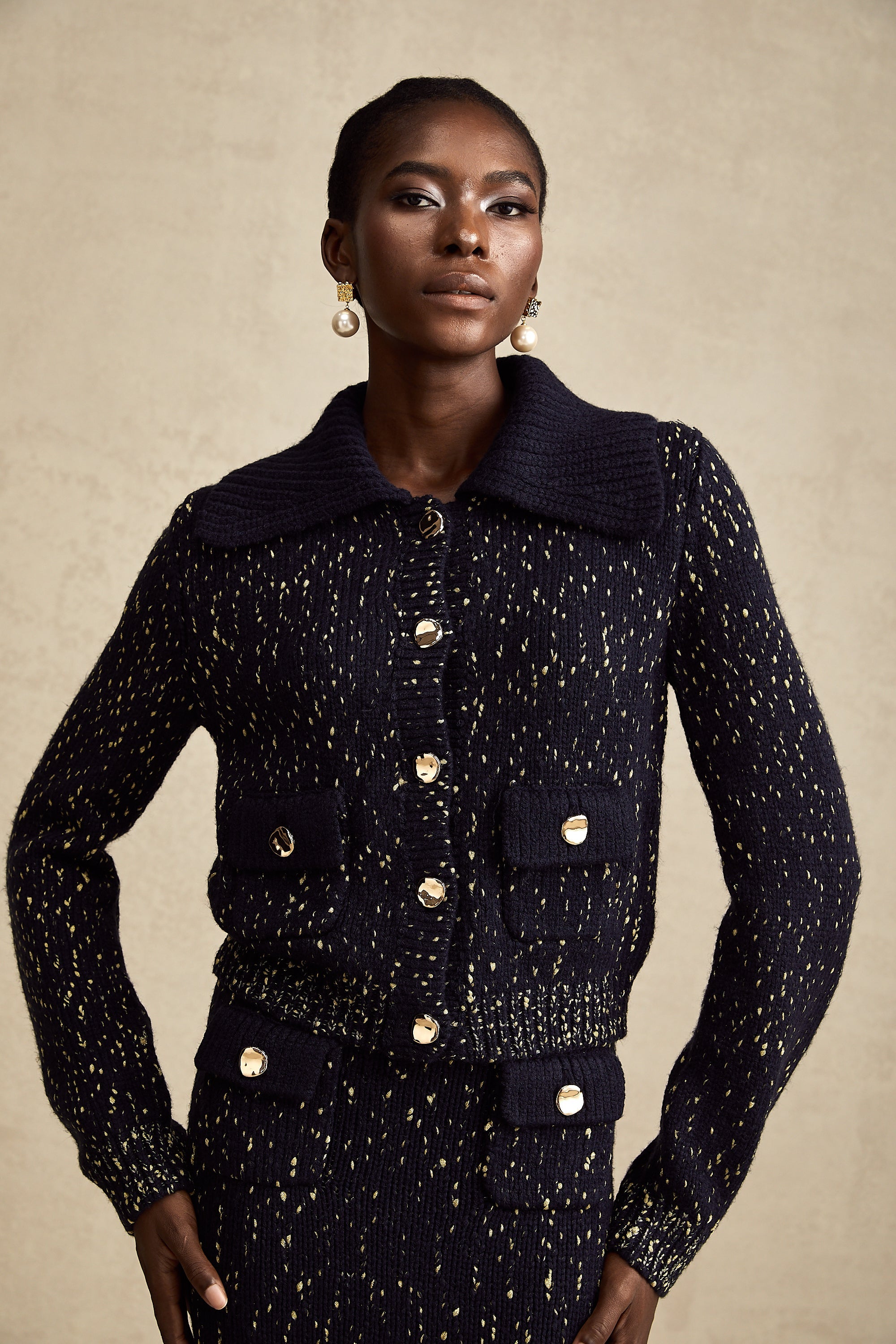 Claudine navy crochet-knit jacket & skirt matching set (US Only)