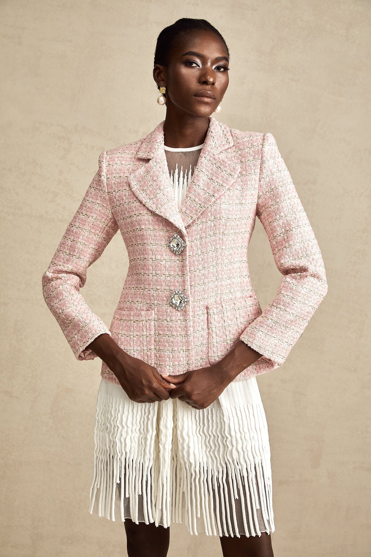 Hélène pink crystal checked tweed blazer