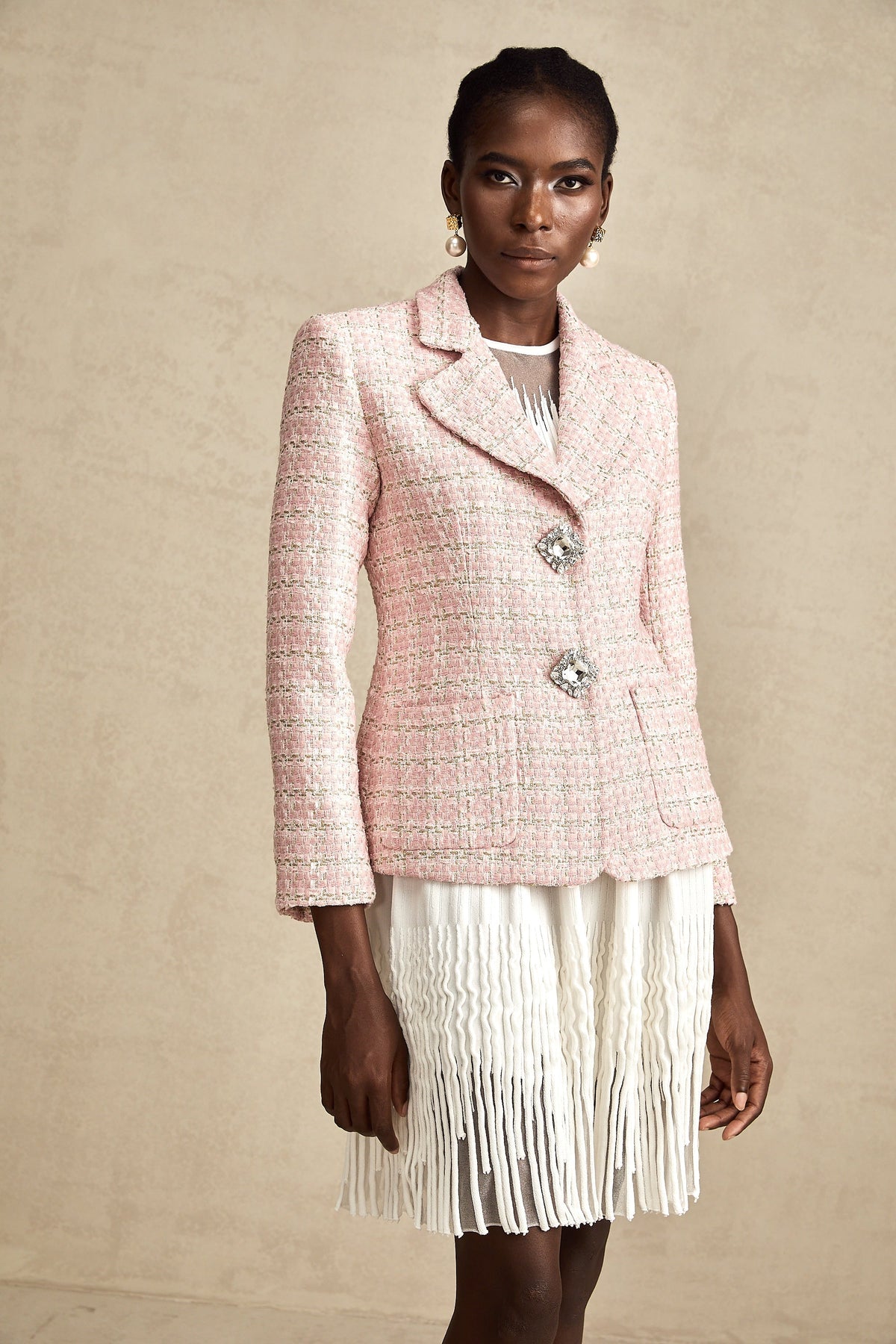 Hélène pink crystal checked tweed blazer