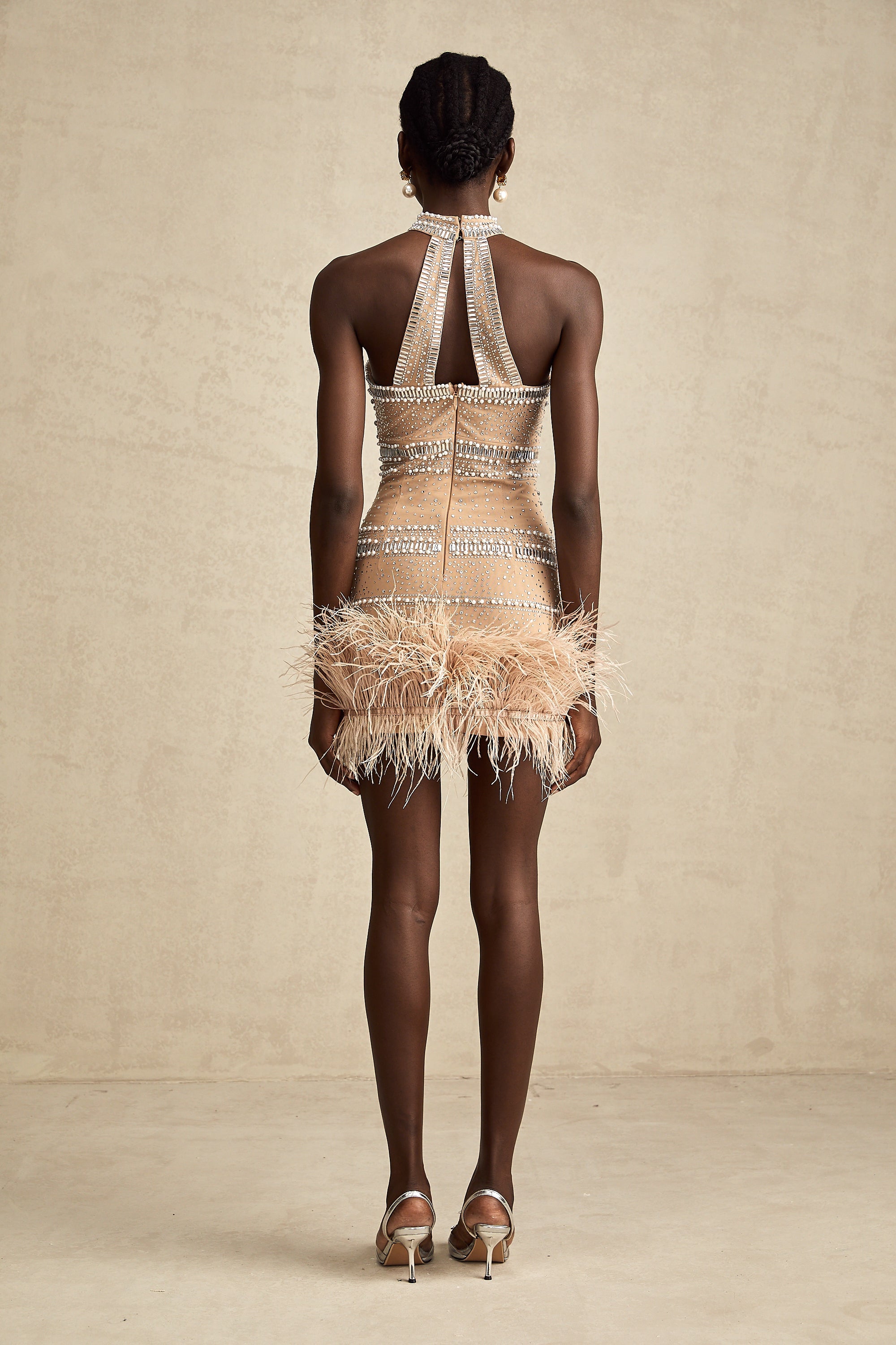 Madeleine crystal-embellished feather-trim mini dress