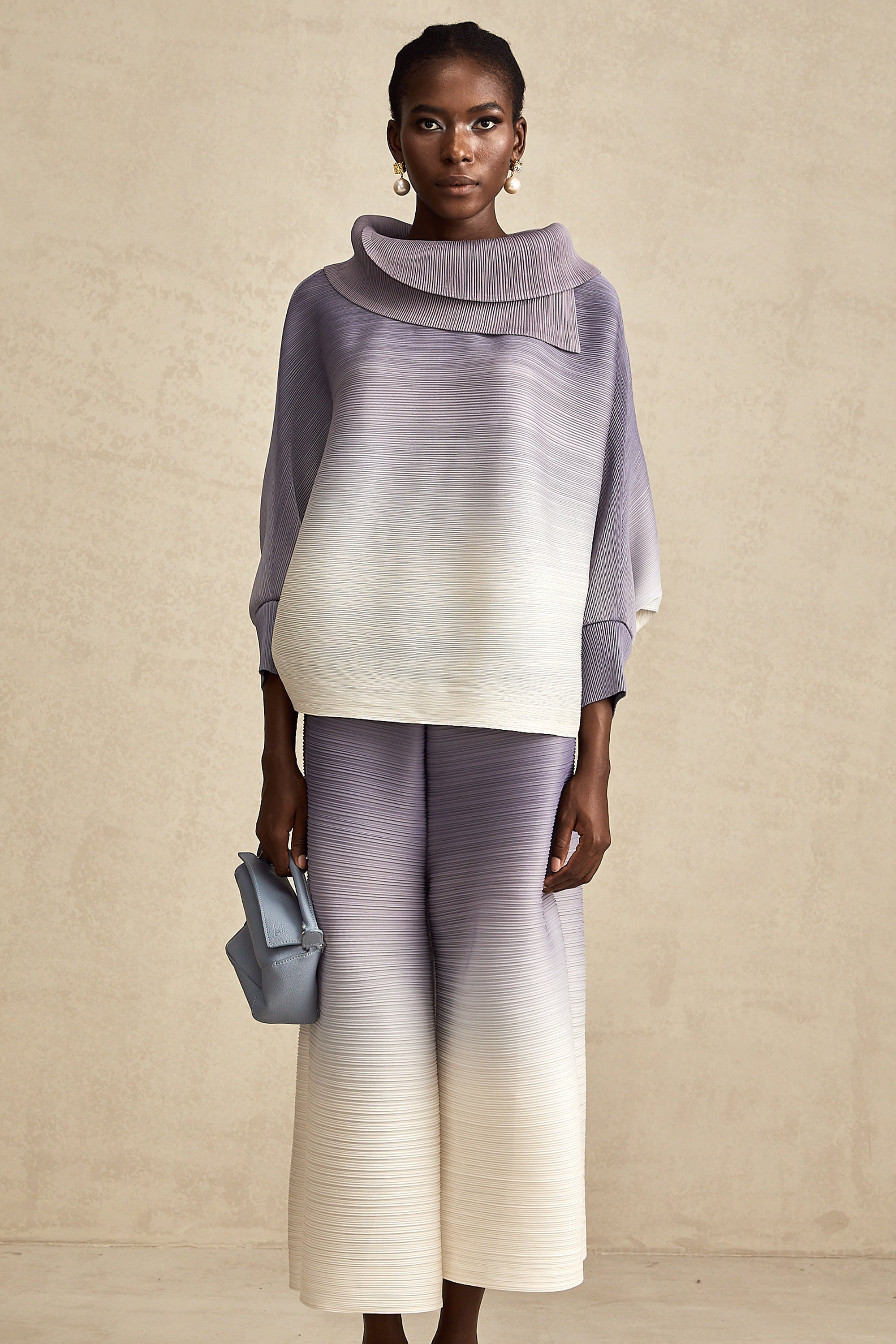 Agathe purple gradient wrinkled blouse & trousers matching set (Final Sale-US Only)