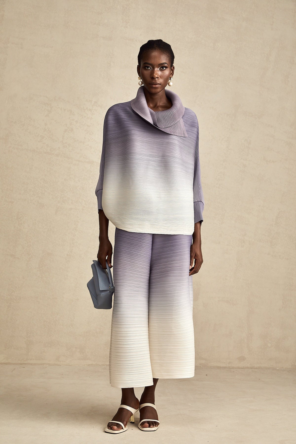 Agathe purple gradient wrinkled blouse & trousers matching set