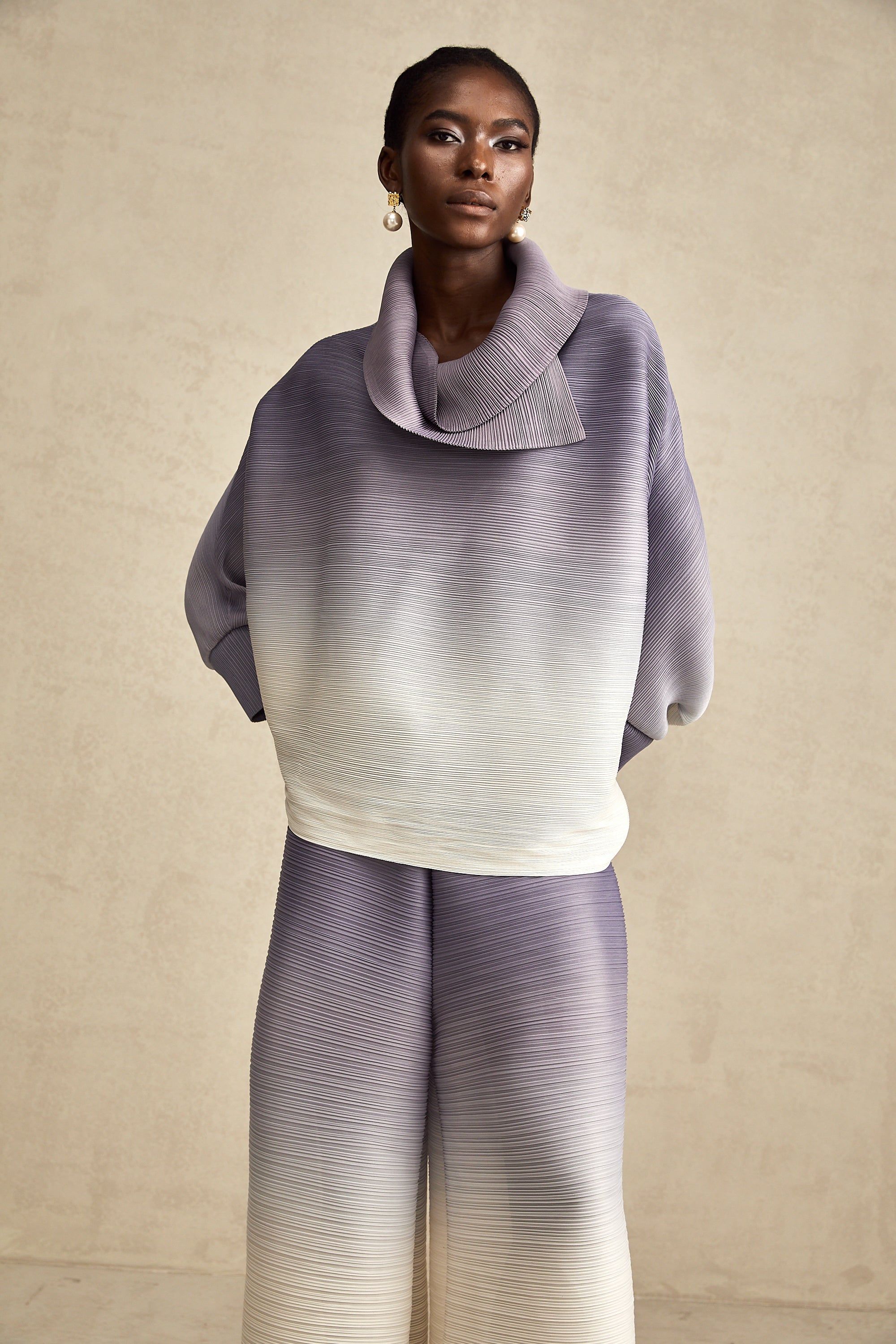 Agathe purple gradient wrinkled blouse & trousers matching set (Final Sale-US Only)