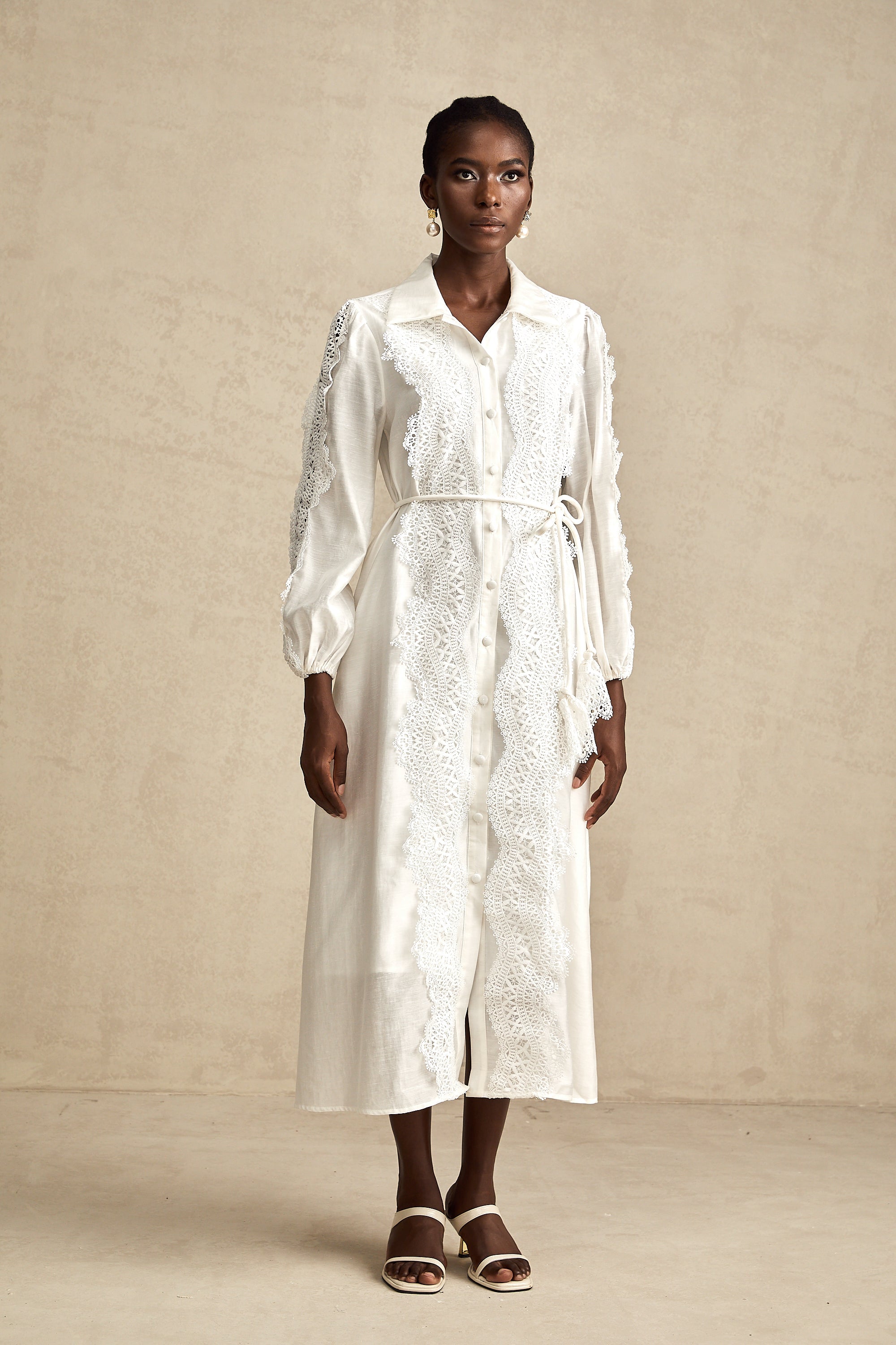 Colette white lace-detail tied-waist midi dress
