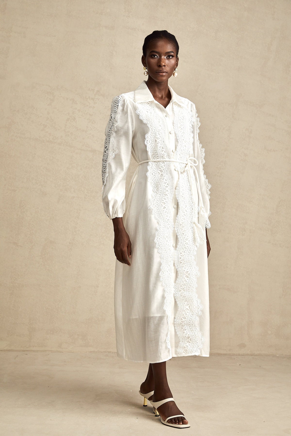 Colette white lace-detail tied-waist midi dress