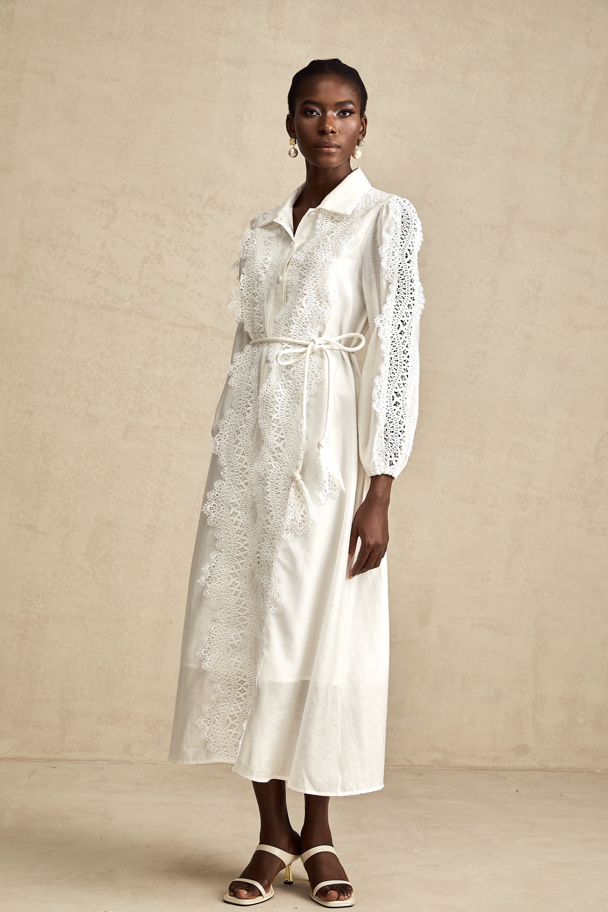 Colette white lace-detail tied-waist midi dress