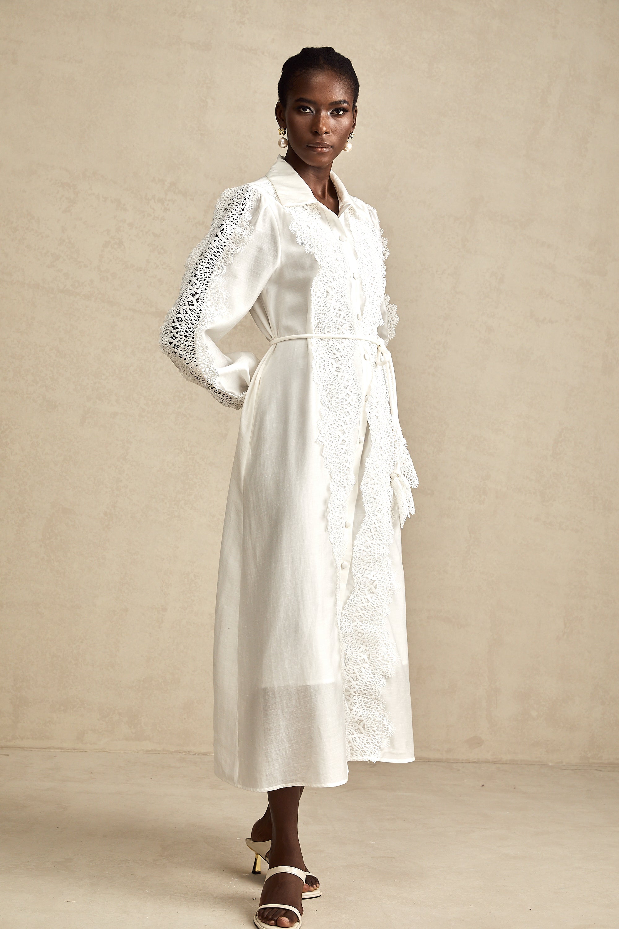 Colette white lace-detail tied-waist midi dress