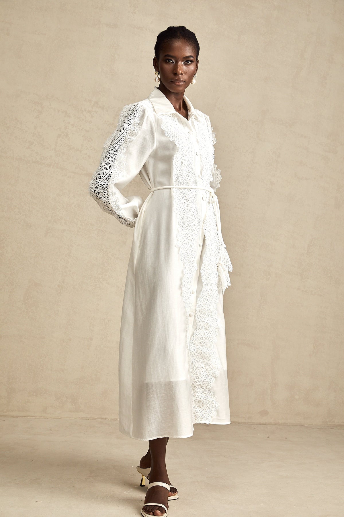Colette white lace-detail tied-waist midi dress
