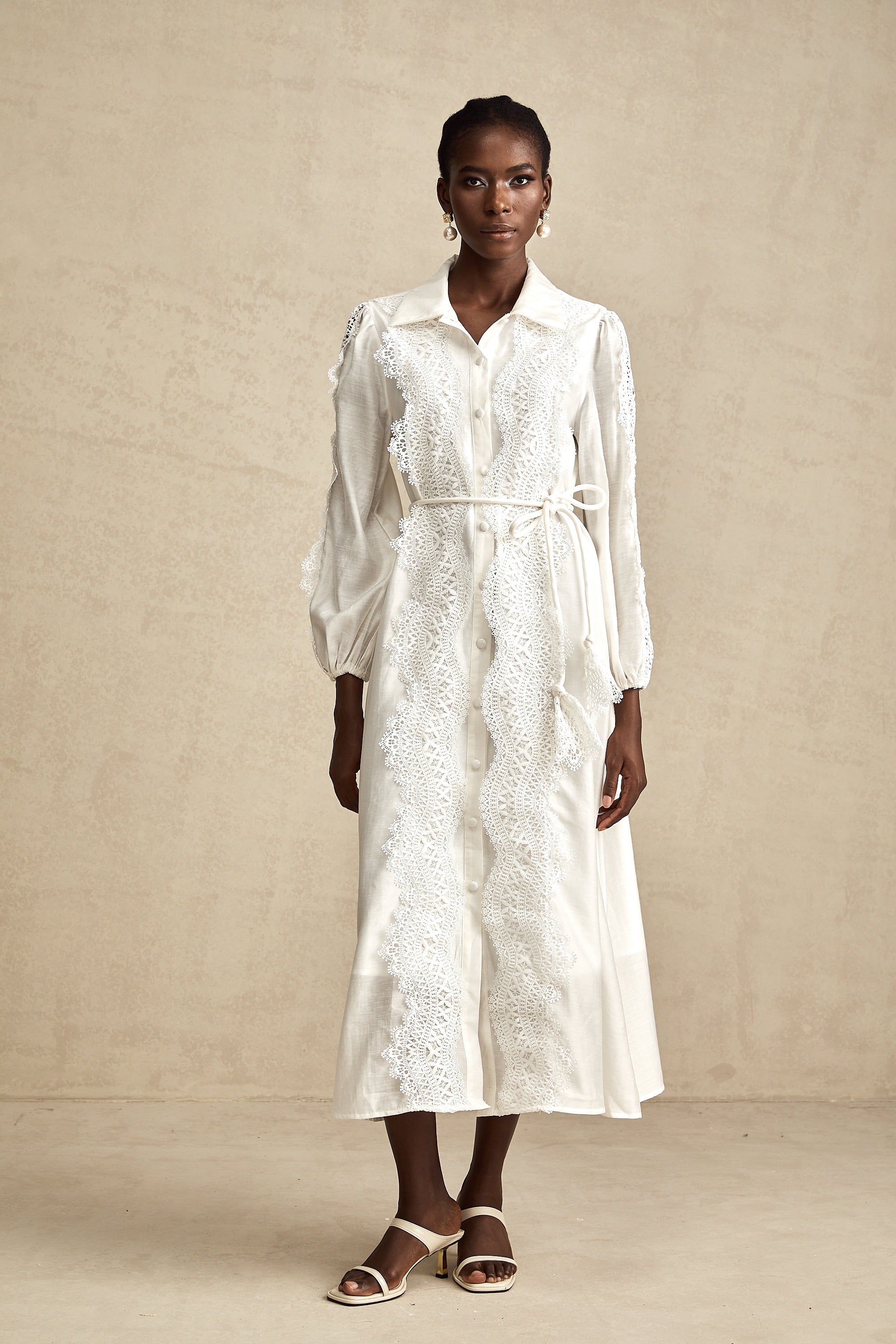 Colette white lace-detail tied-waist midi dress