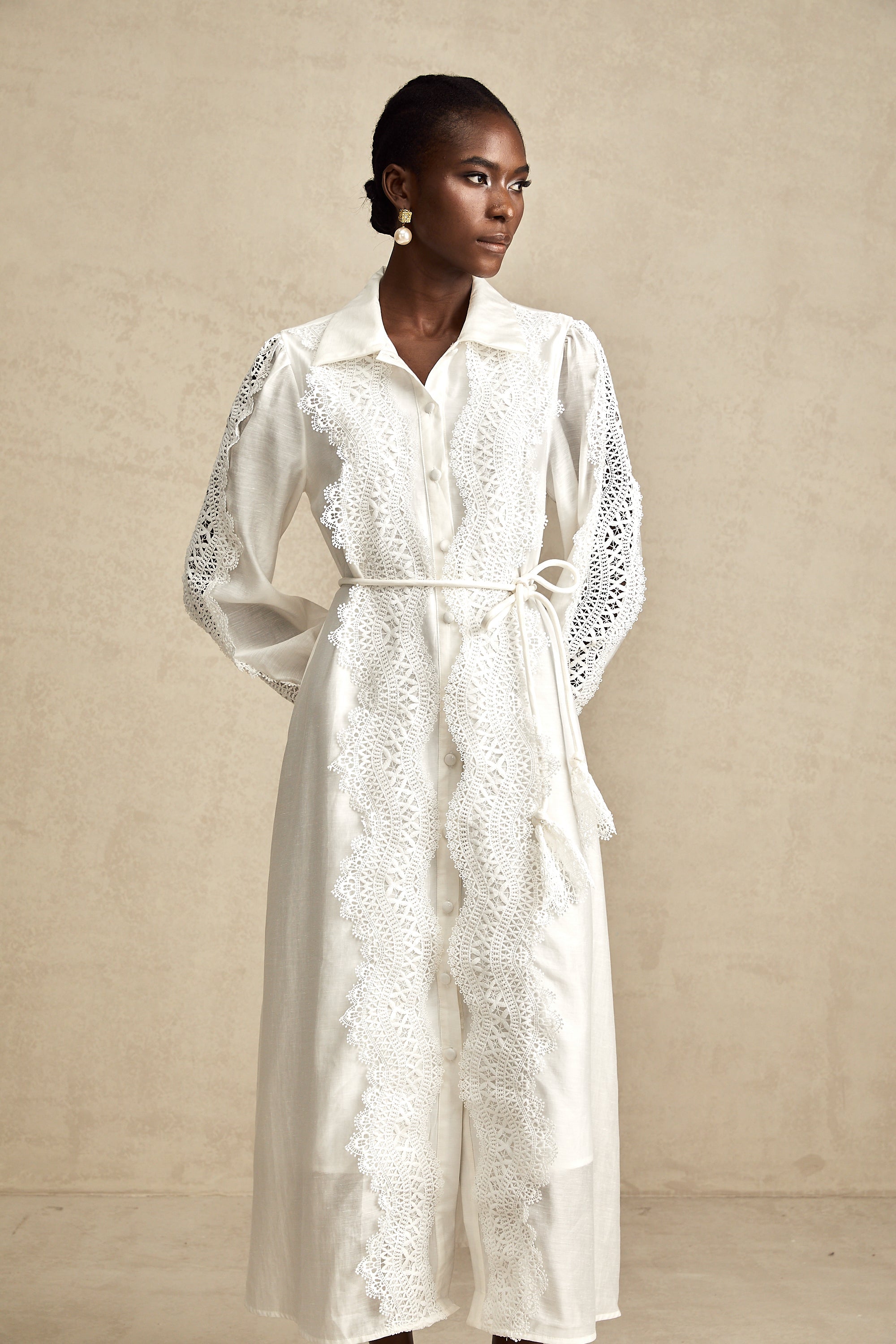 Colette white lace-detail tied-waist midi dress