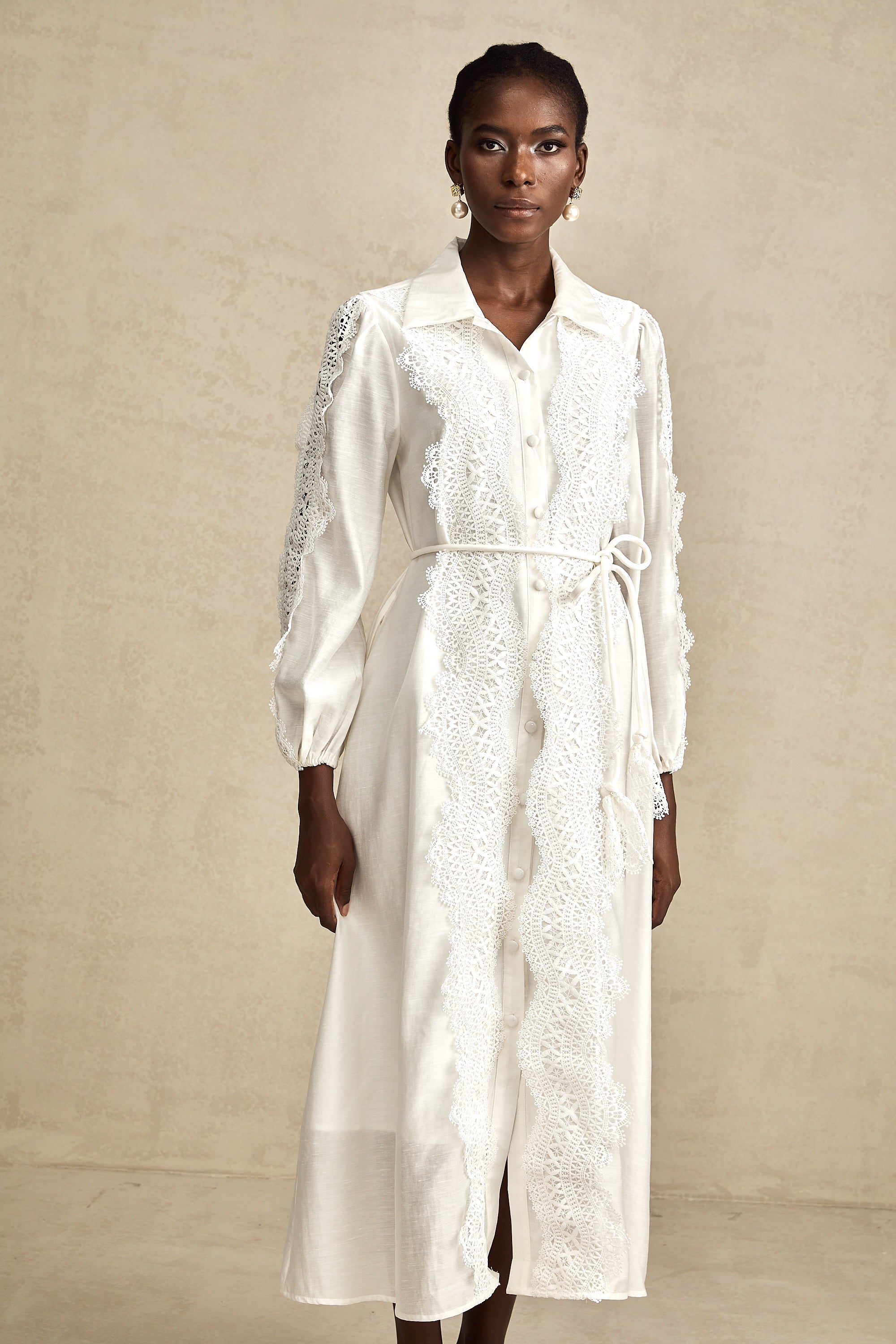 Colette white lace-detail tied-waist midi dress