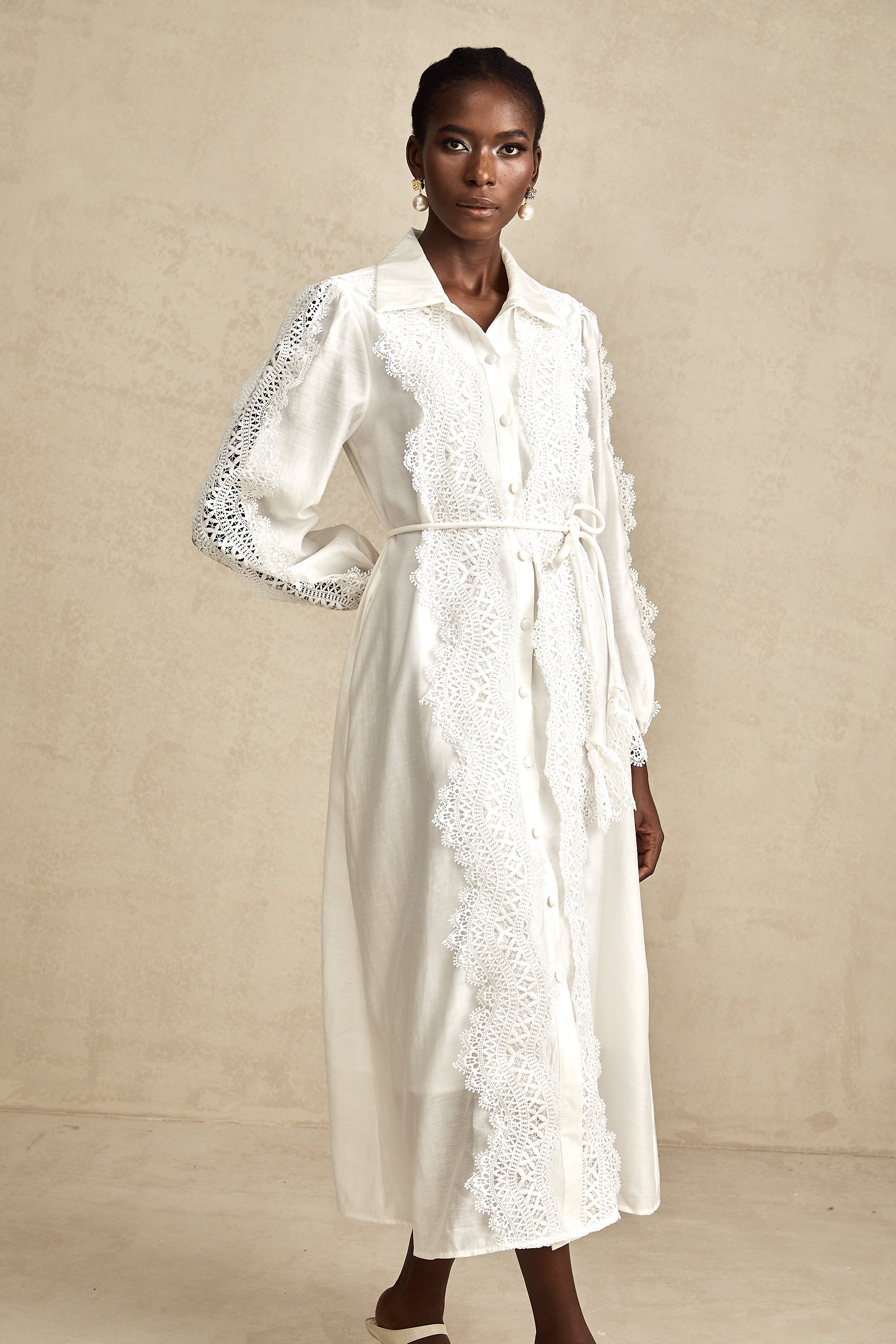 Colette white lace-detail tied-waist midi dress