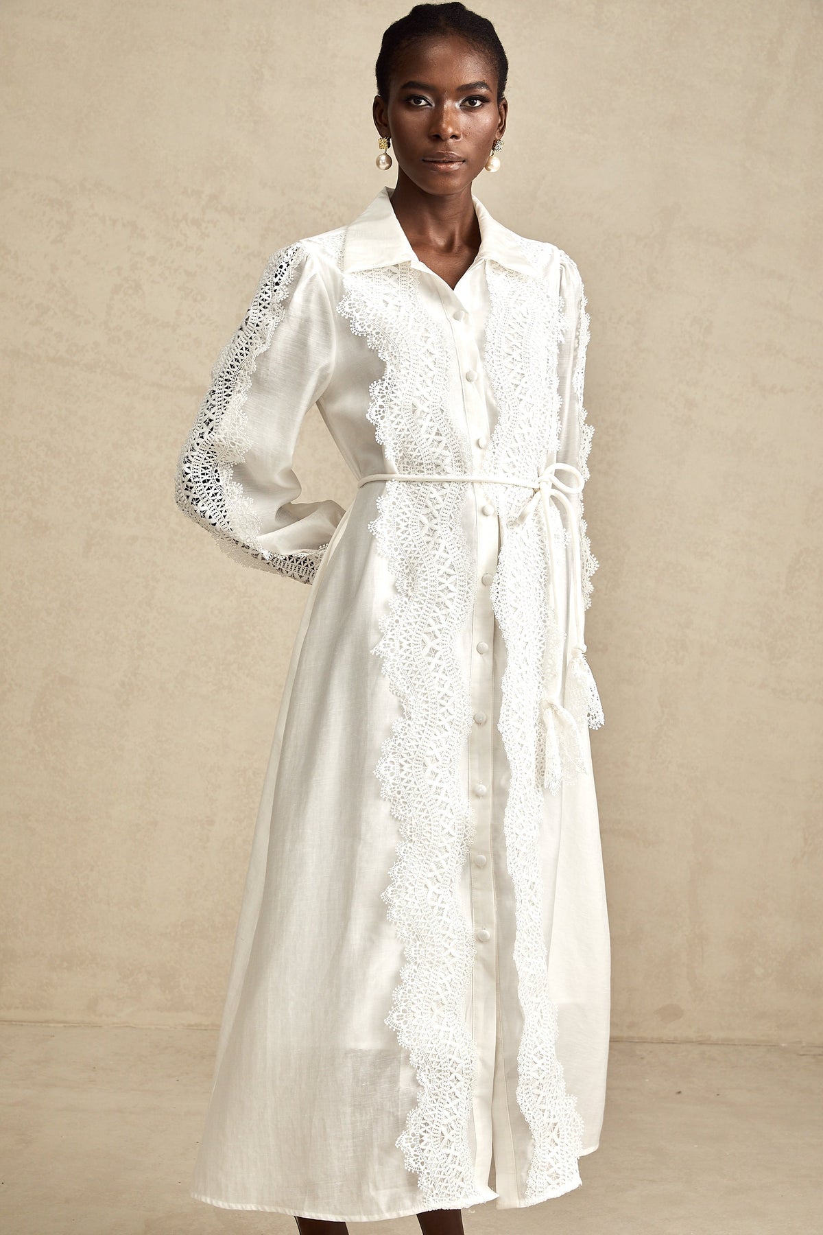 Colette white lace-detail tied-waist midi dress