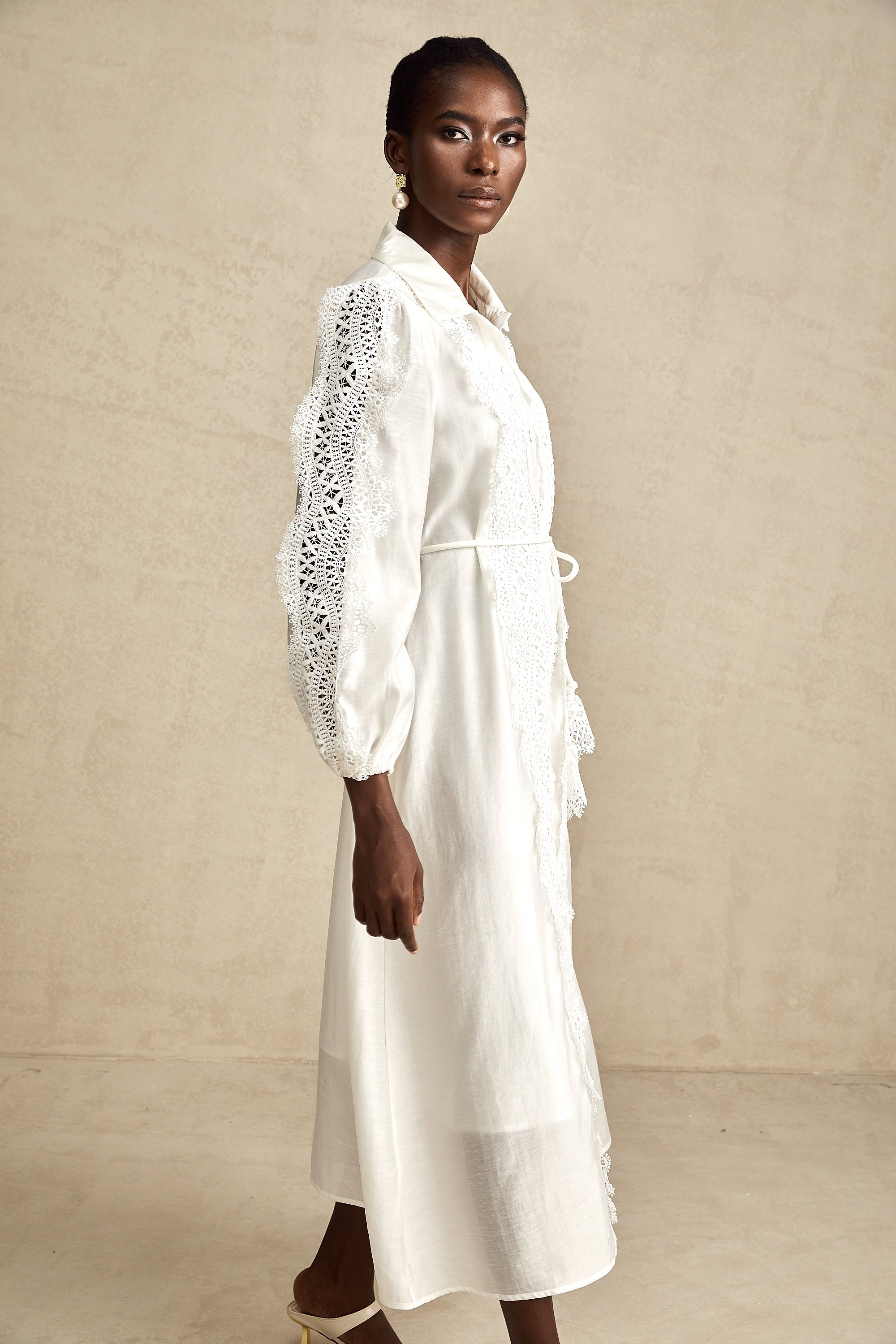 Colette white lace-detail tied-waist midi dress