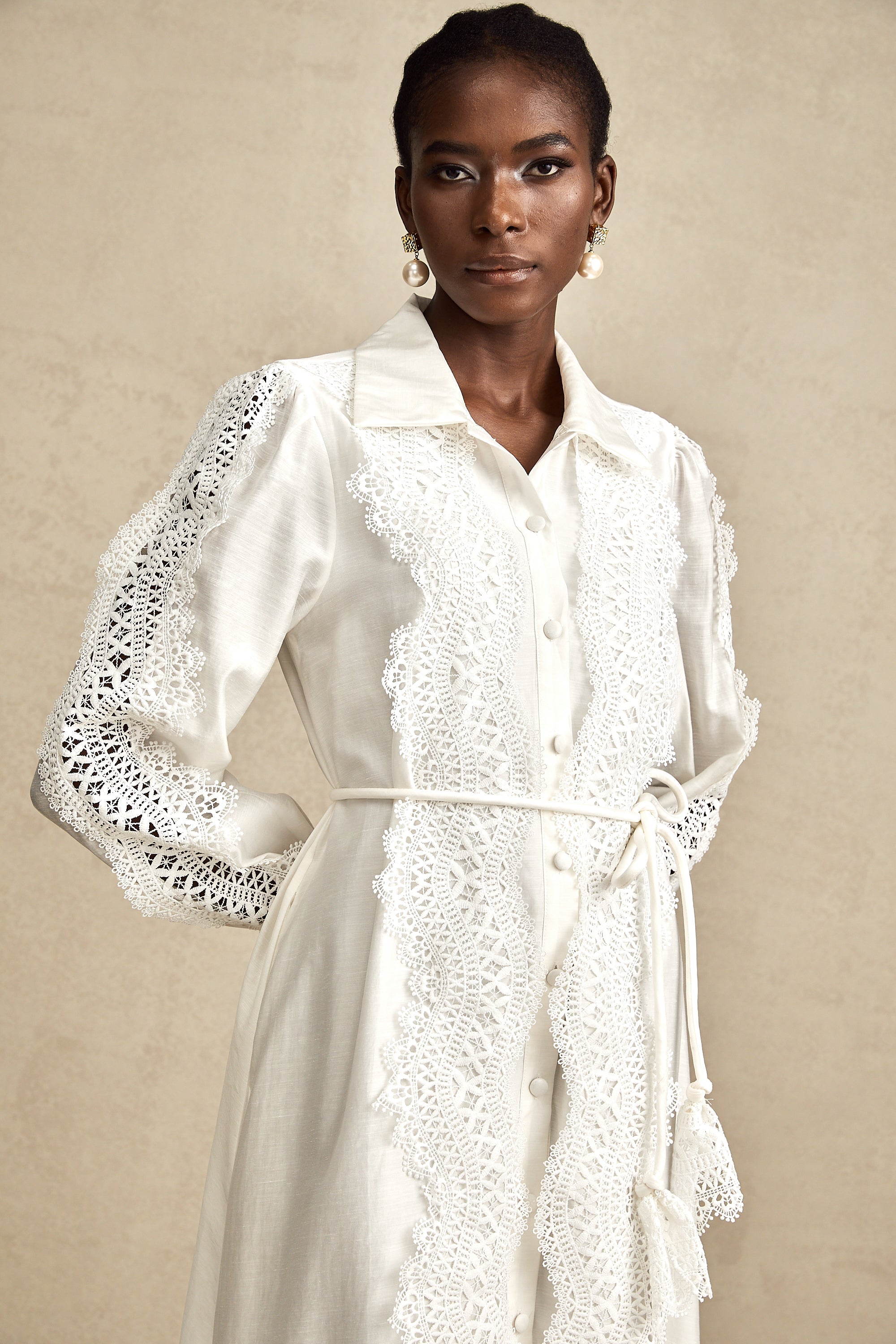 Colette white lace-detail tied-waist midi dress