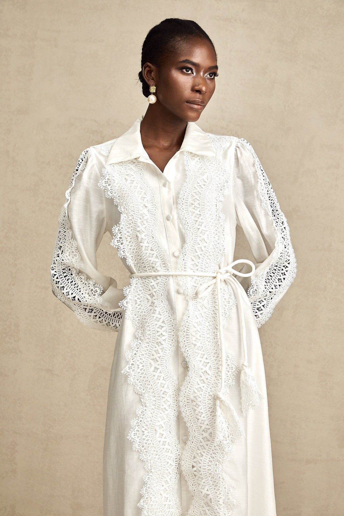 Colette white lace-detail tied-waist midi dress