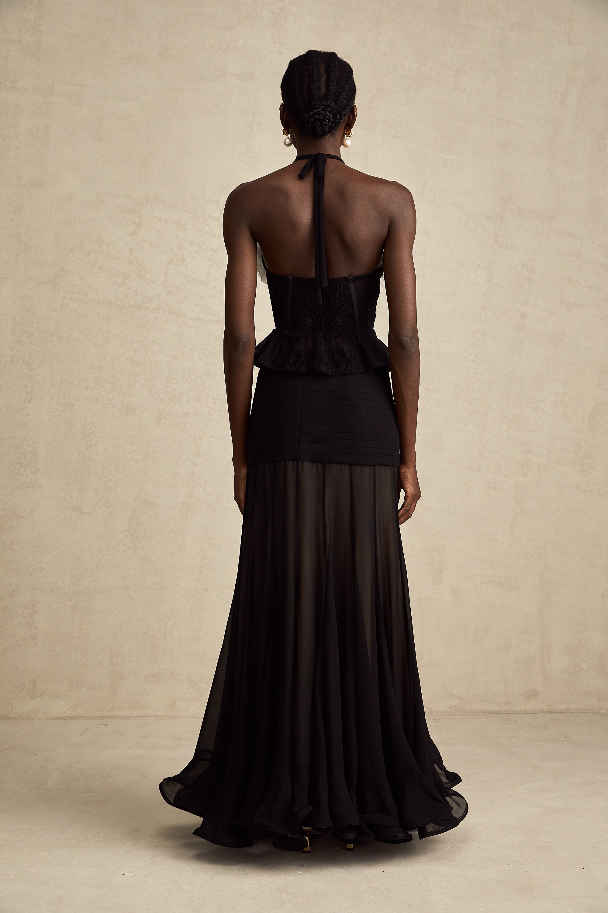 Céleste black faux-flower lace corset top