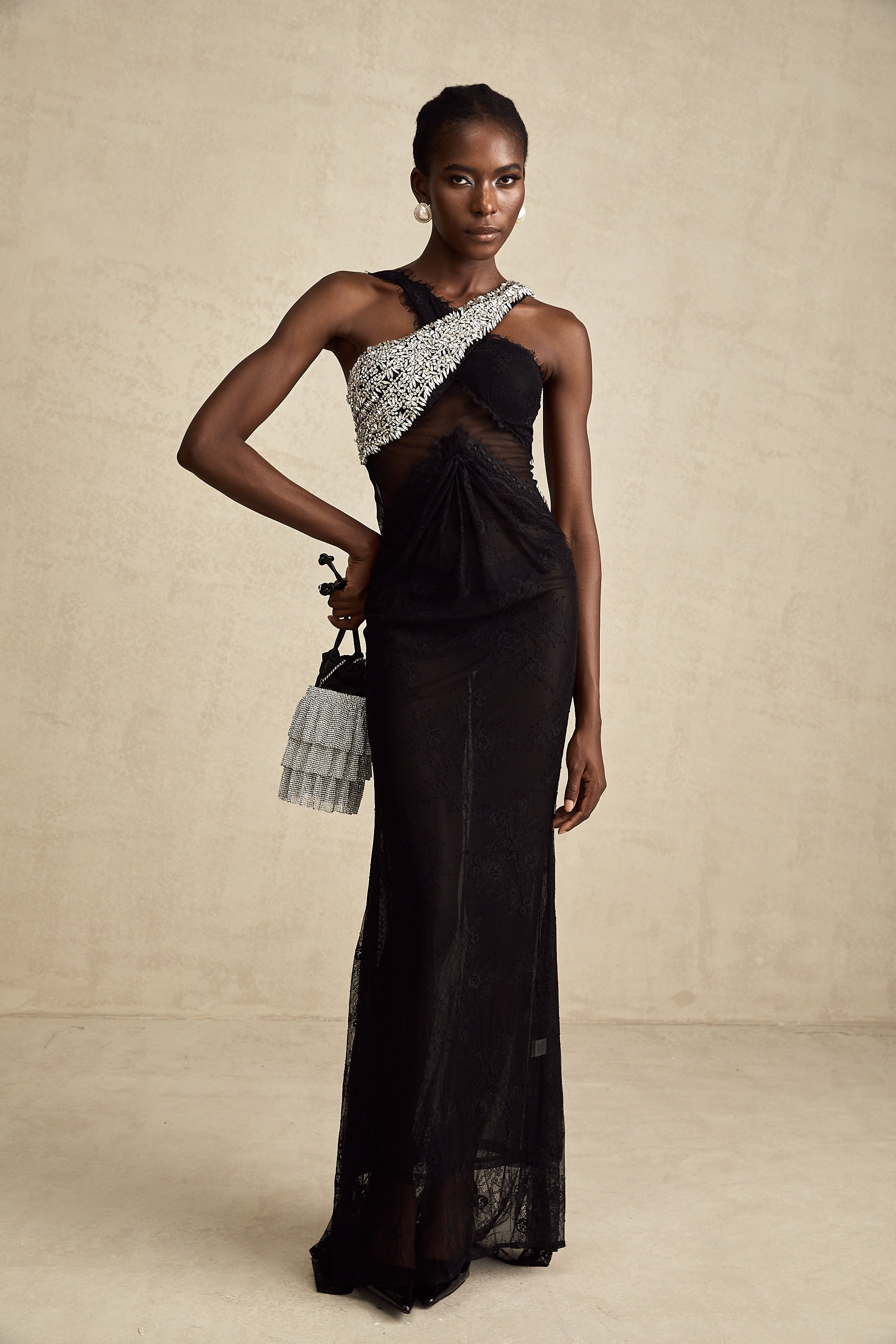 Irène black crossover crystal-embellished maxi dress