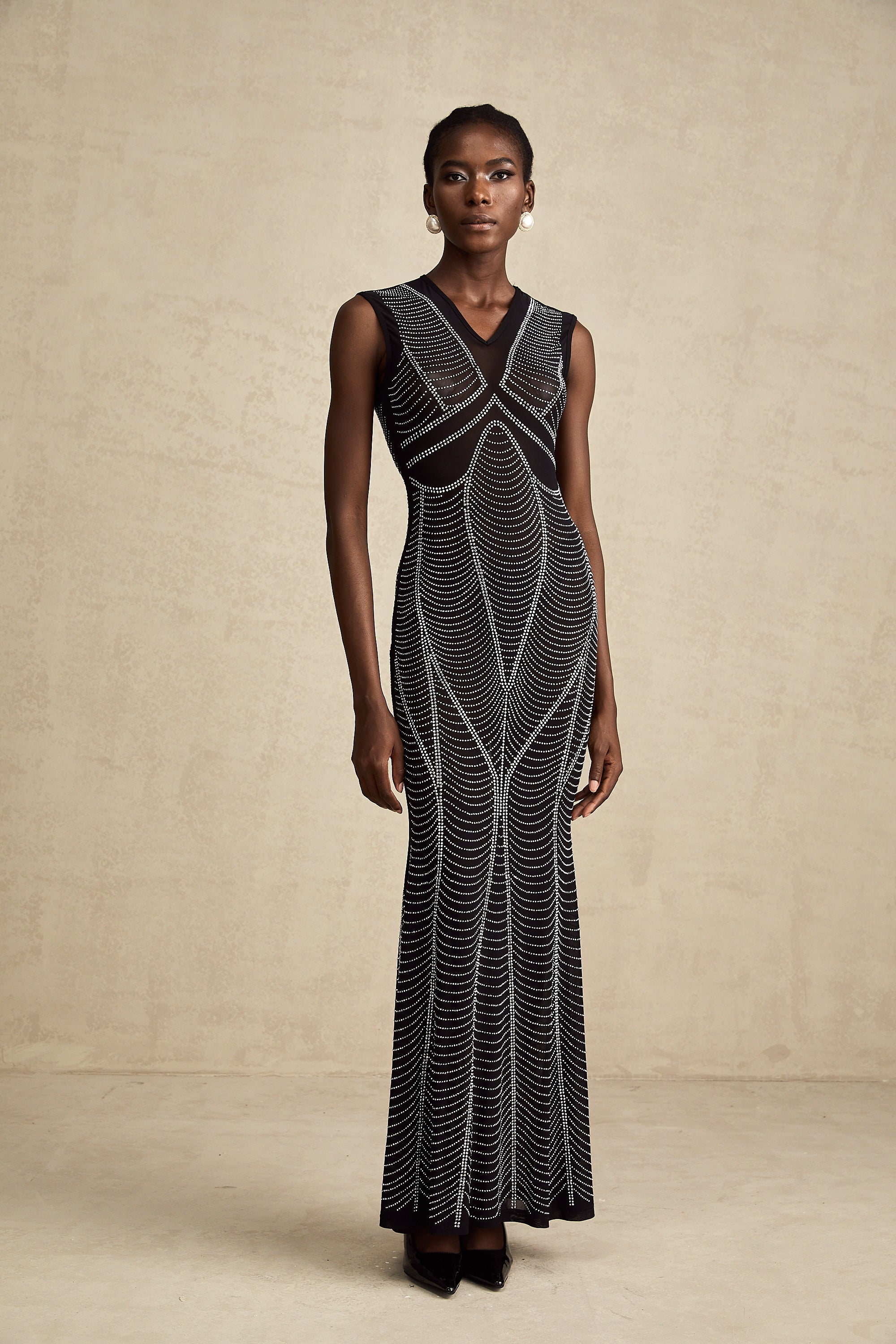 Liane black crystal-embellished semi-sheer maxi dress (US Only)