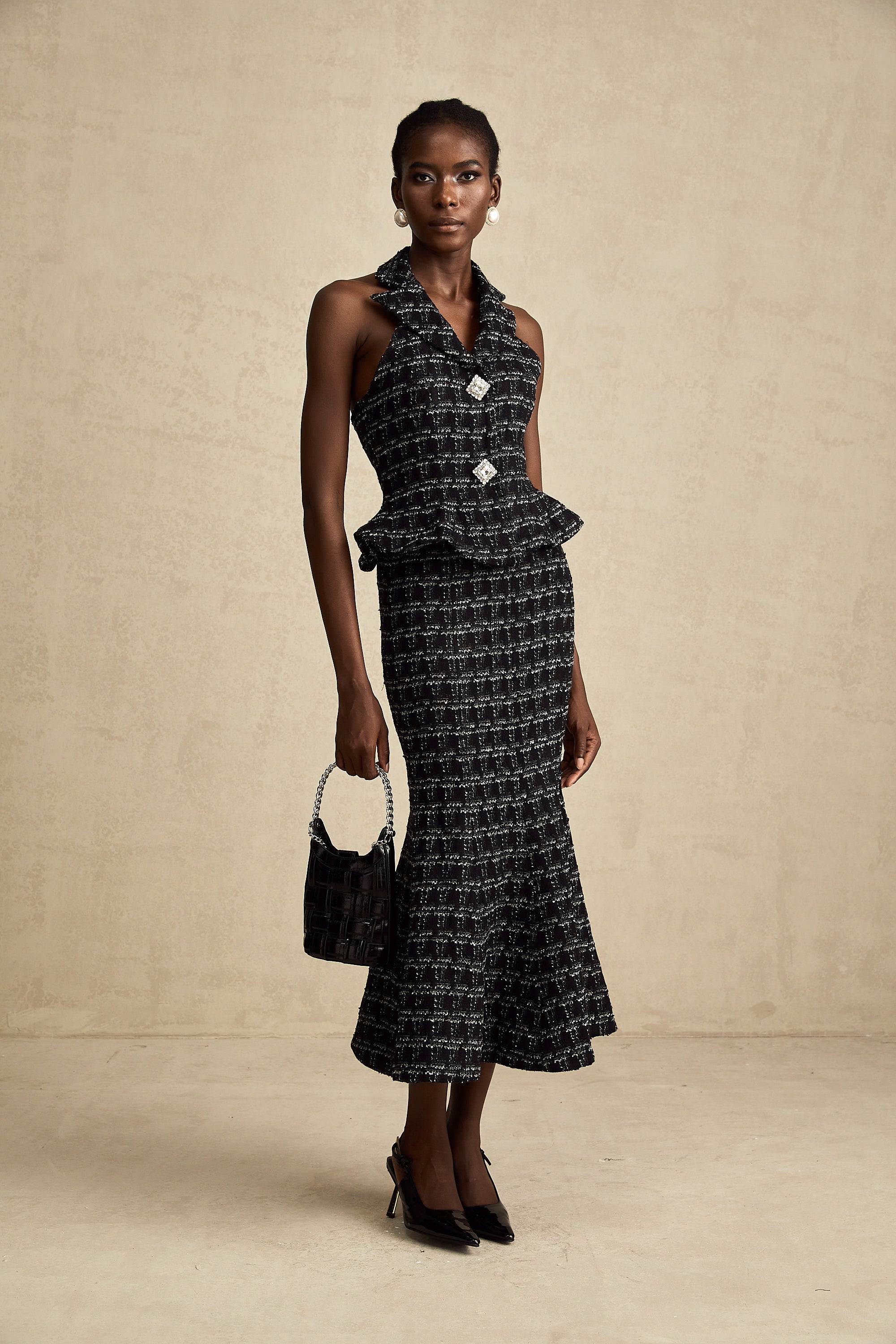 Axelle black checked tweed vest top & skirt matching set (US Only)