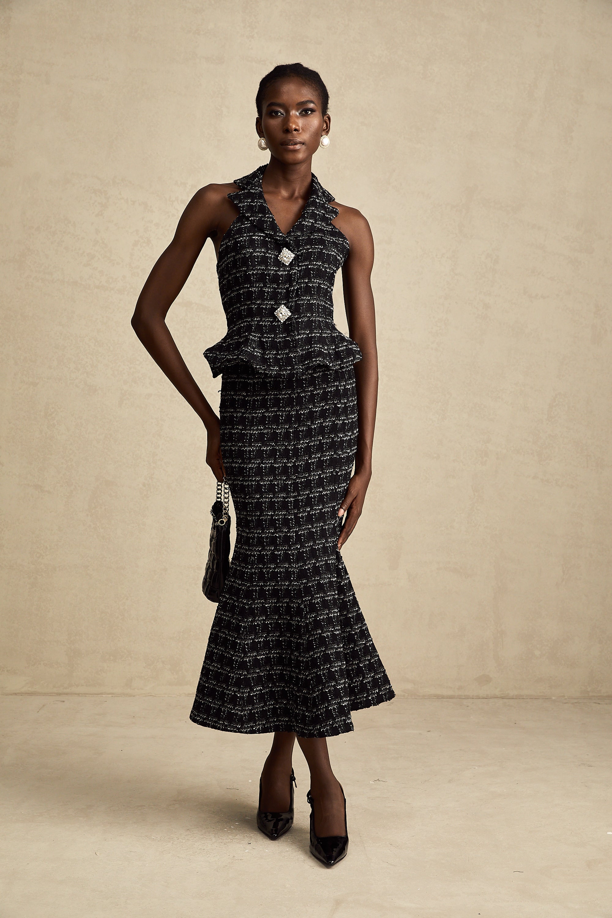 Axelle black checked tweed vest top & skirt matching set (US Only)